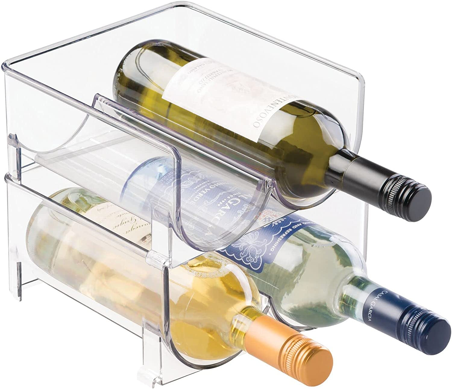 Plastic Free-Standing Wine Rack Storage Organizer: Designed for Kitchen Countertops, Table Tops, Pantry, and Fridge - Holds Wine, Beer, Pop/Soda, Water Bottles - Stackable, Each Rack Holds 2 Bottles, Comes in a Pack of 2 in Clear.