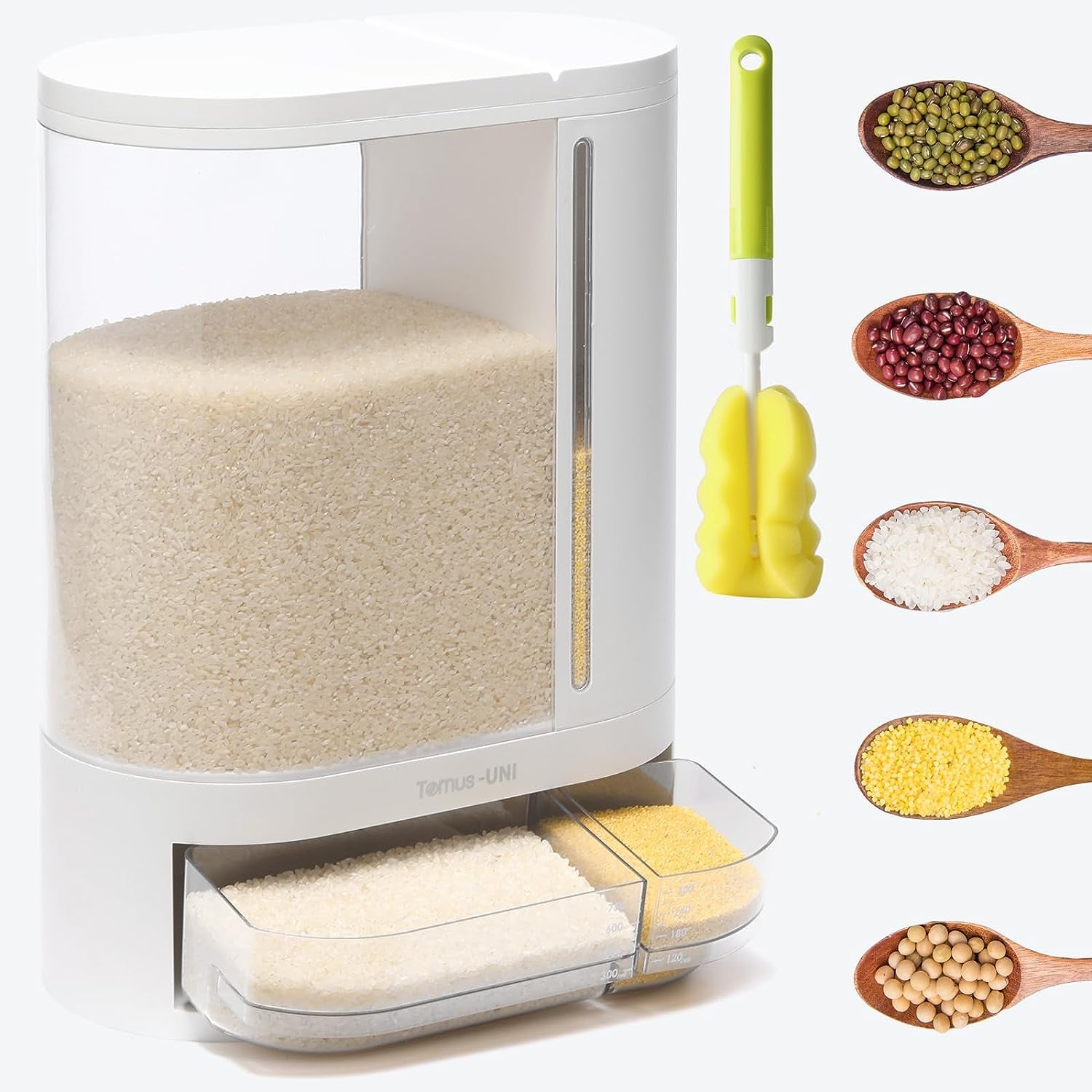 Dual Compartment Rice Dispenser: 12KG Capacity with Measuring Cup, Ideal for Storing Rice, Beans, Grains, and Small Dry Foods, Featuring Separate 8KG and 3KG Compartments