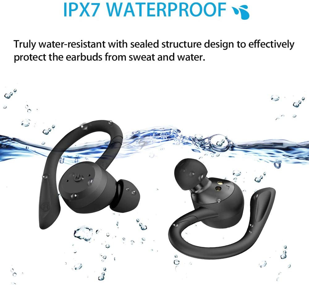 Wireless Bluetooth Sport Earbuds - IPX7 Waterproof, Earhook Design, Stereo Sound, Built-in Mic, Portable Charging Case (Black)