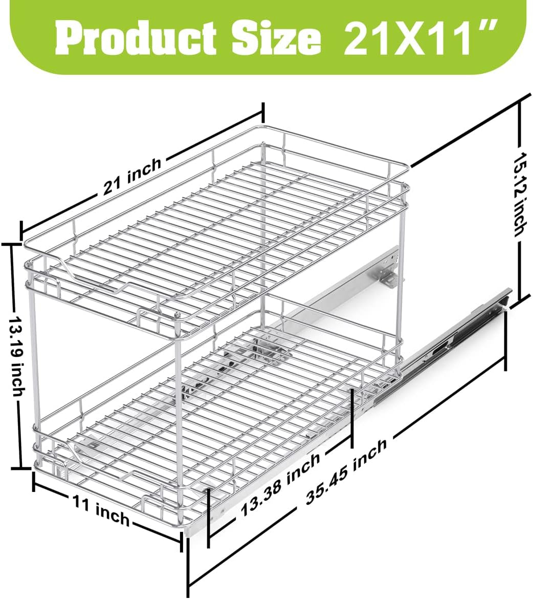 Heavy-Duty 2-Tier Pull-Out Cabinet Drawer Organizer - 21''Dx11''W - Designed for Cabinets with a Minimum 11” Opening, Wire Frame with Chrome Finish