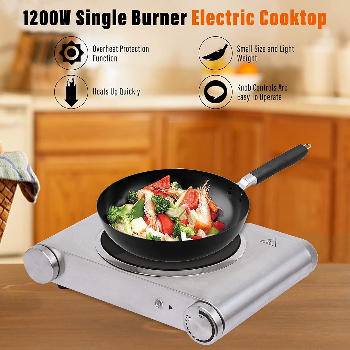 Single Burner Electric Hot Plate - 1200W Countertop Electric Cooktop, Portable Electric Stove in Stainless Steel. Features Temperature Control and Easy-to-Clean Surface.