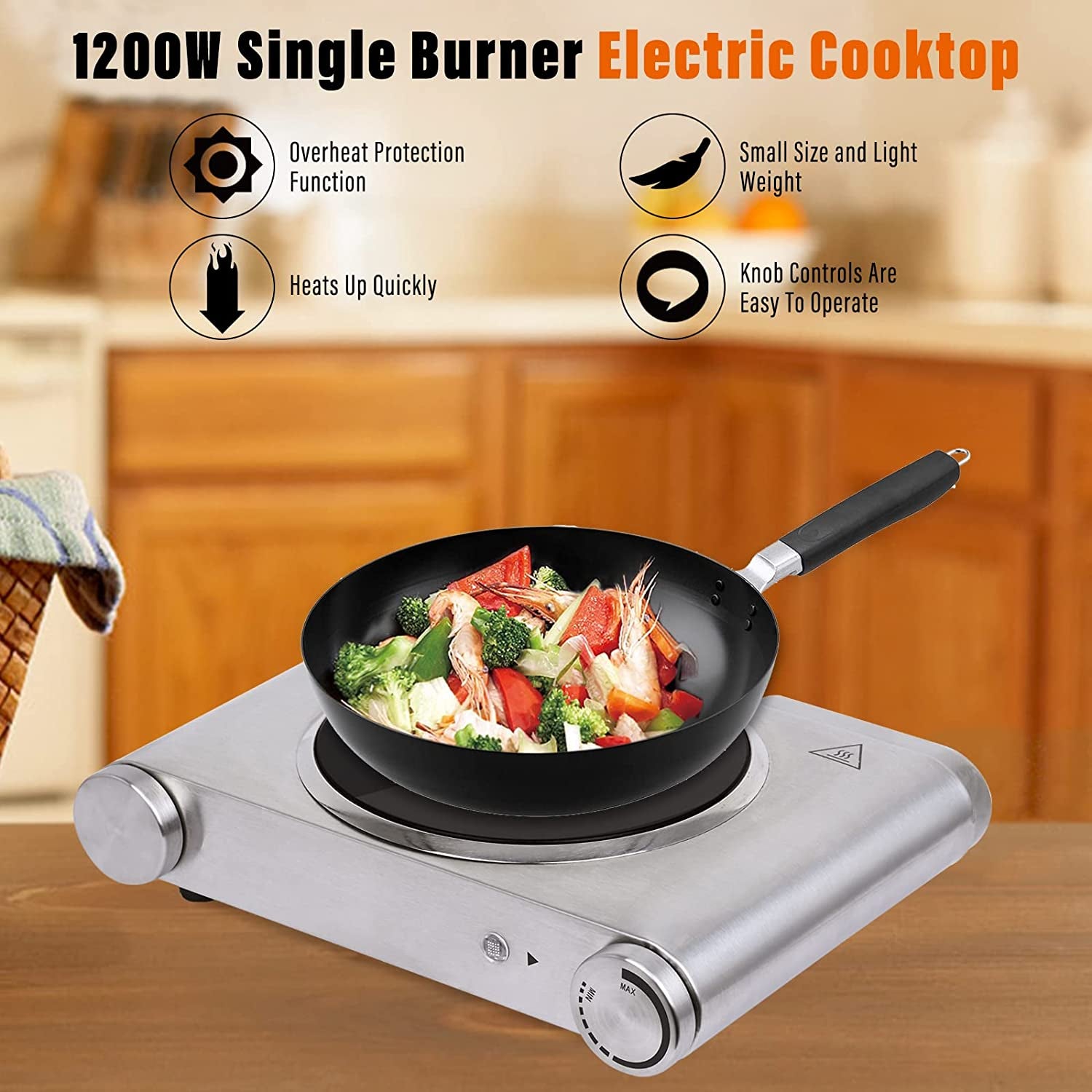 Single Burner Electric Hot Plate - 1200W Countertop Electric Cooktop, Portable Electric Stove in Stainless Steel. Features Temperature Control and Easy-to-Clean Surface.