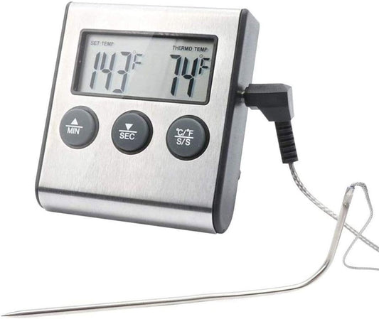 Stainless Steel Digital Cooking Thermometer with Probe and Timer - Large LCD Display - Instant Read Grill/Roasting Thermometer for Smoker, Outdoor Oven, Kitchen, BBQ, and Turkey - Silver Finish
