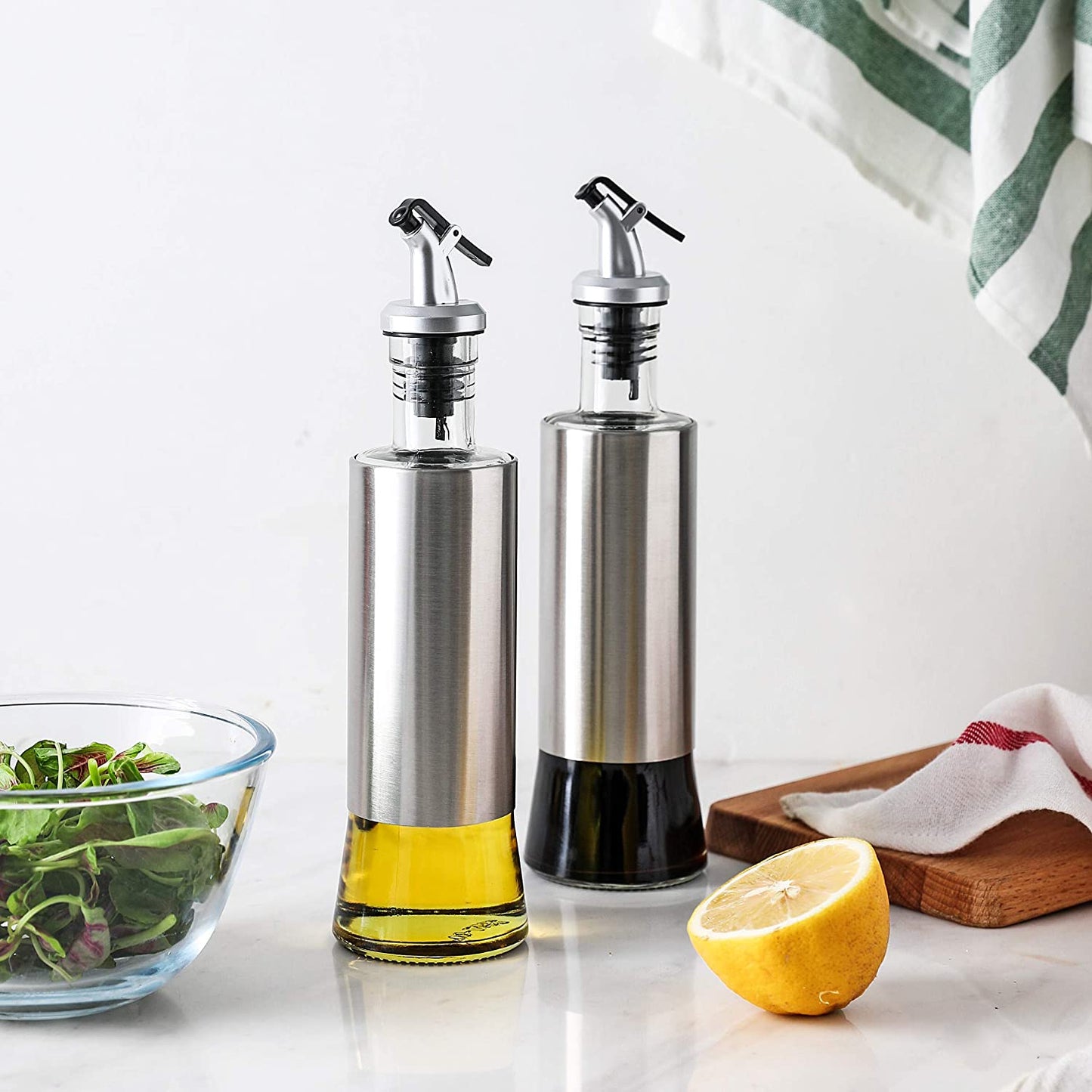 Set of 2 Olive Oil and Vinegar Dispensers: Glass Bottles with Drip-Free Pourers and Stainless Steel Shells - Premium Kitchen Accessories for Cooking and Dressing