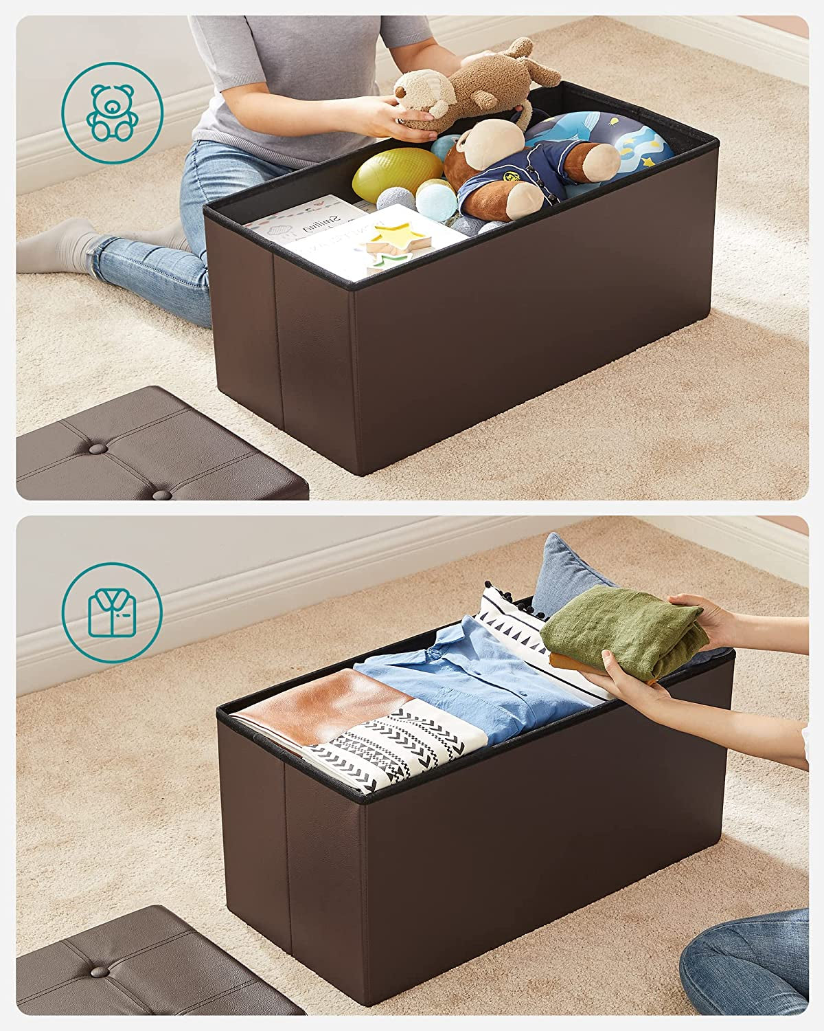 Brown Folding Storage Ottoman Bench - 30 Inches, Multi-Purpose Storage Chest with Padded Seat and Footrest