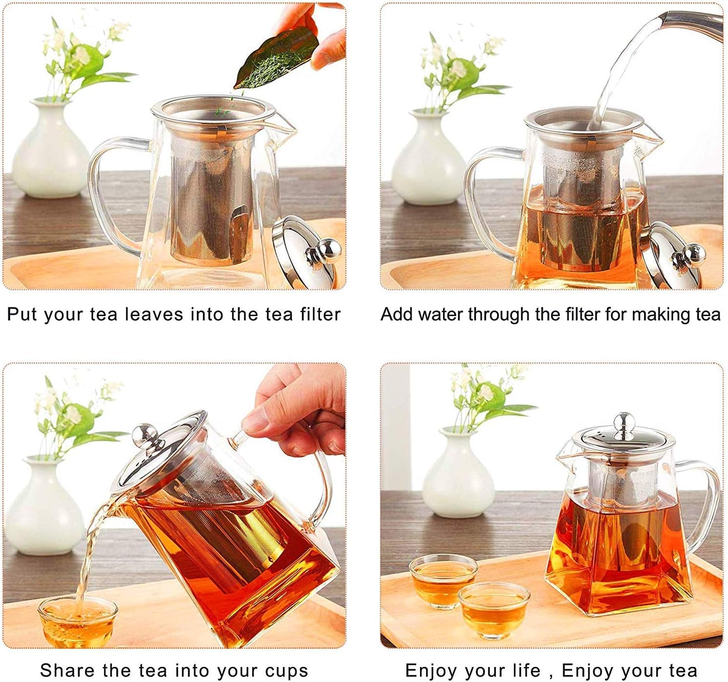 32 oz Square Glass Teapot for One with Stainless Steel Infuser - Ideal for Tea and Coffee, Clear with Strainer Lid. 