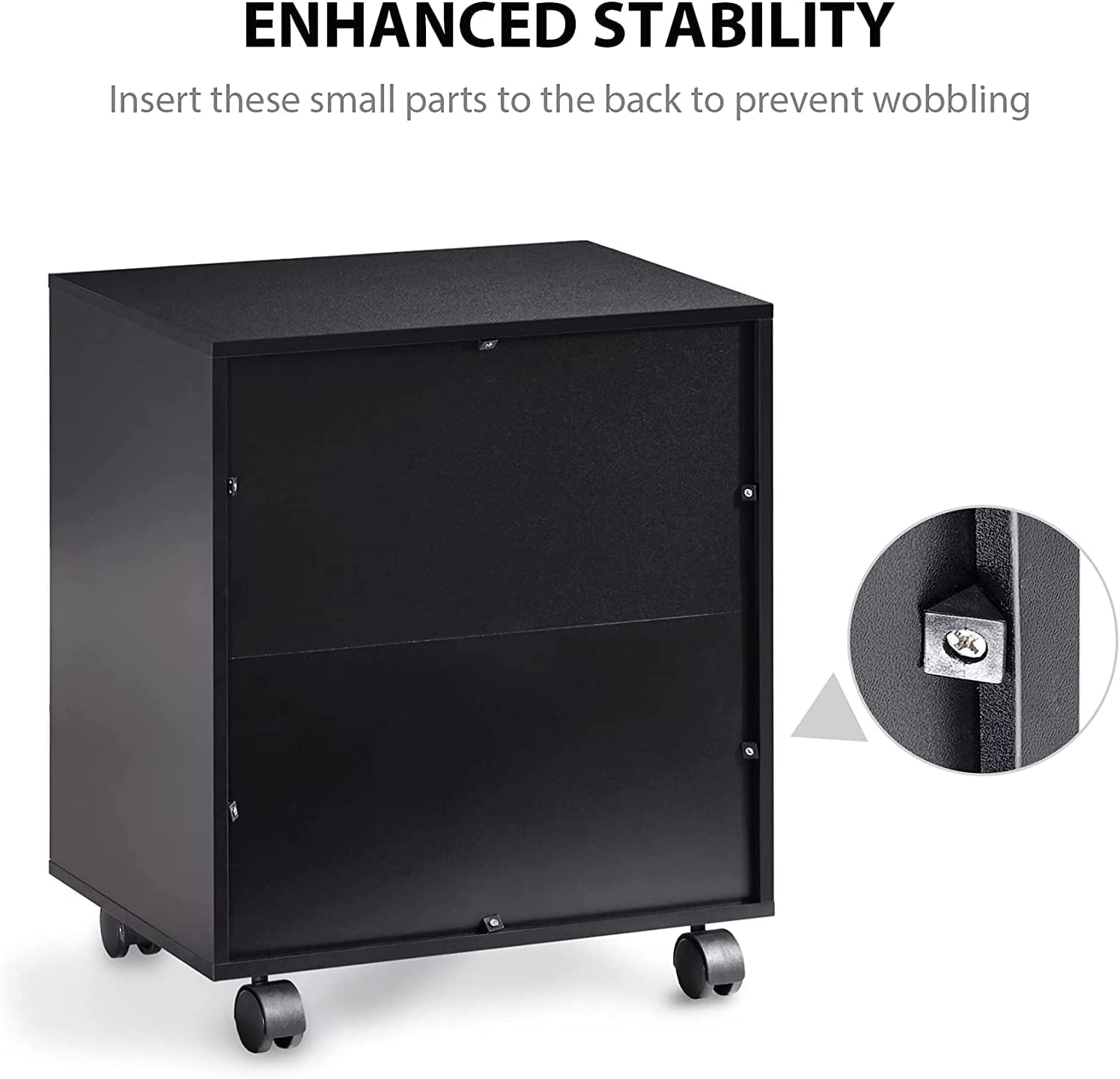 Black Wood Rolling File Cabinet: Printer Stand with Adjustable Storage, Mobile Work Cart on Wheels for Home Office