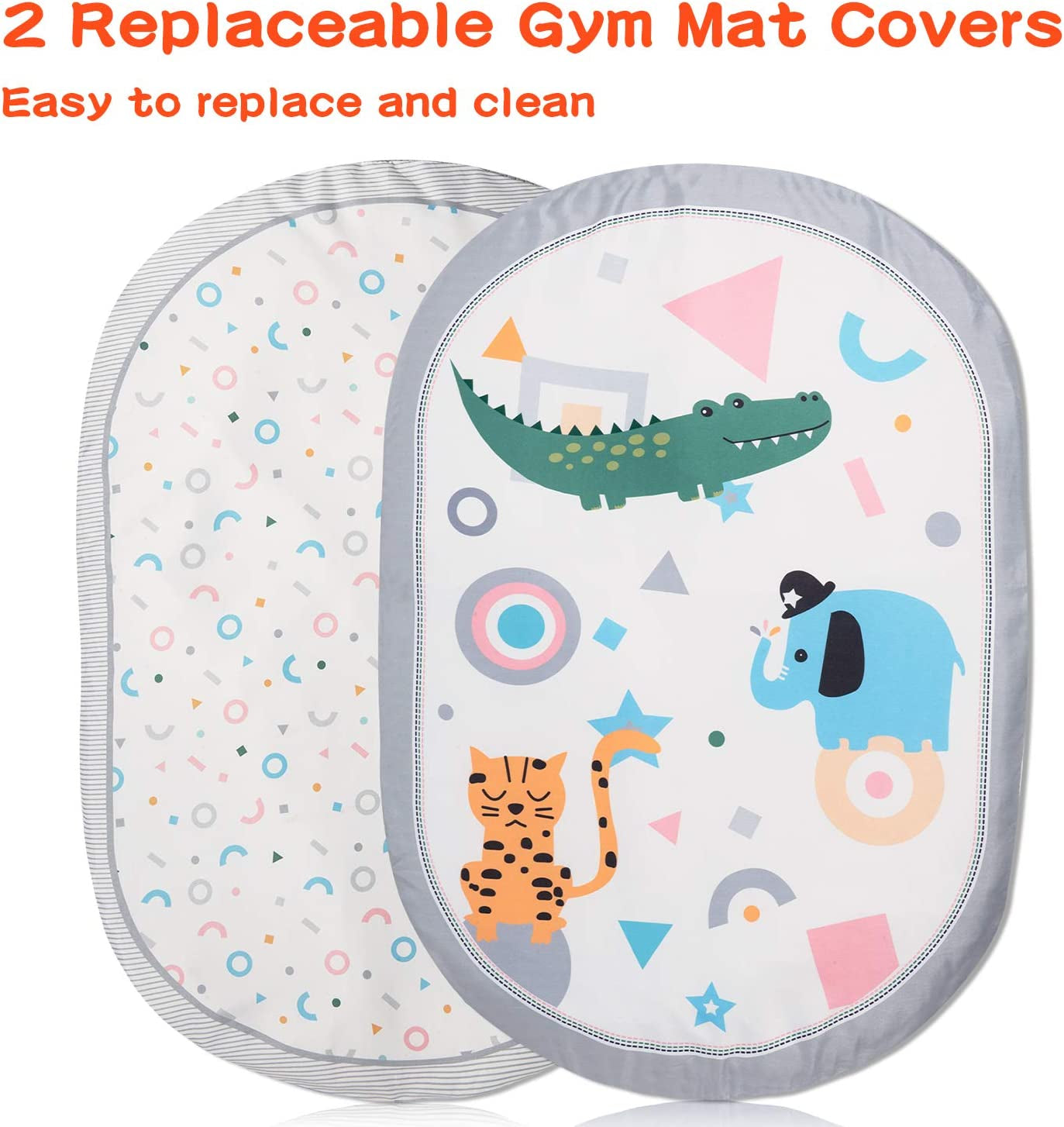 Baby Play Gym Mat 7 in 1 with 2 Replaceable Washable Mat Covers  with 6 Toys, Visual, Hearing, Touch, Cognitive Development for Infant and Toddler, Thicker Non Slip