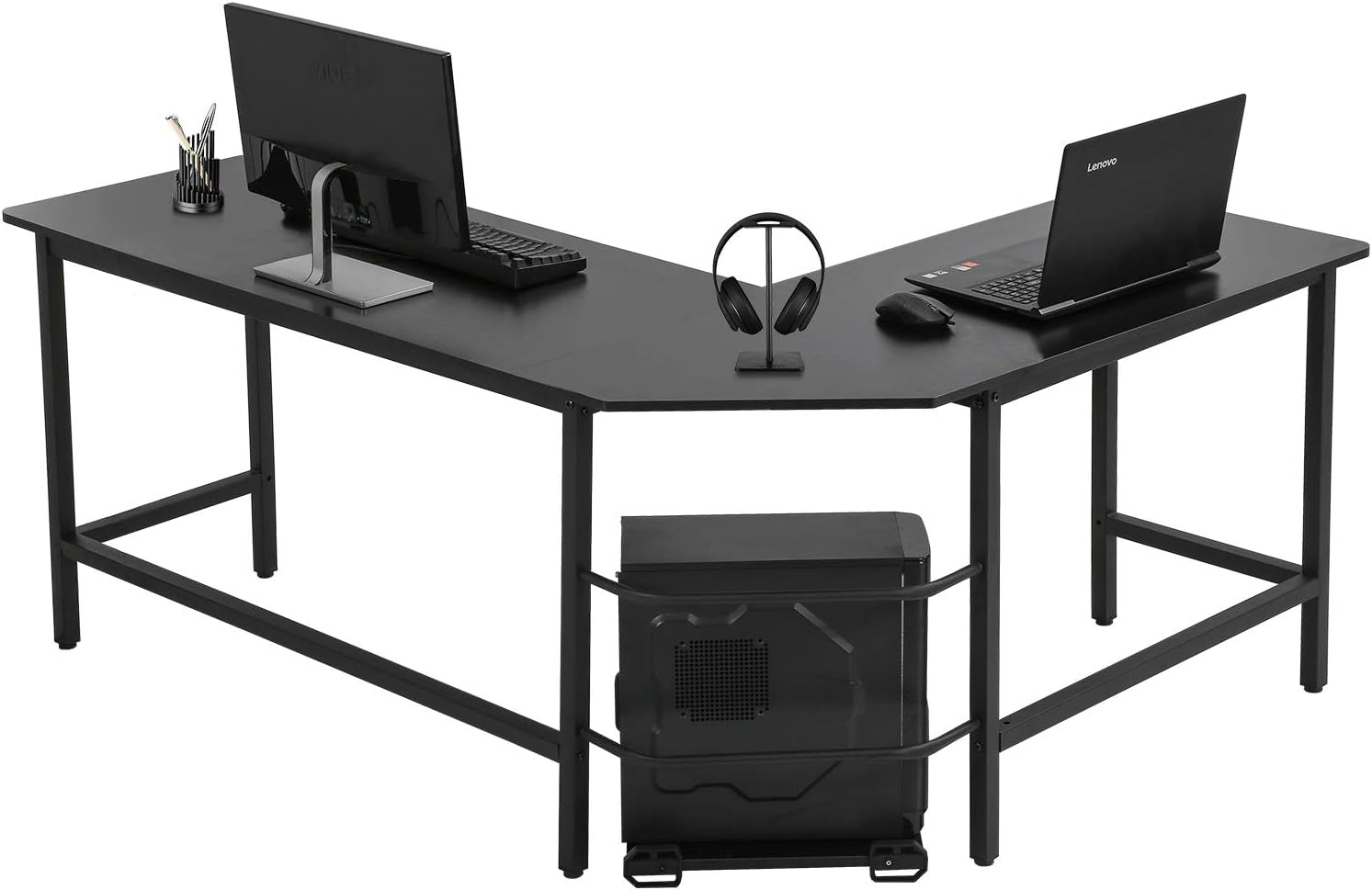 Large L-Shaped Gaming Desk with Wood Finish, Corner Office Desk for PC, Home Office, and Study Workstation (Black)