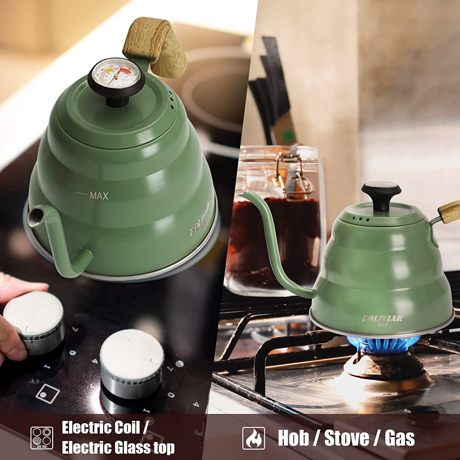 32oz Pour Over Coffee Kettle with Built-in Thermometer - Crafted from Food-Grade Stainless Steel, this Gooseneck Kettle ensures Exact Temperature control for brewing Tea and Coffee