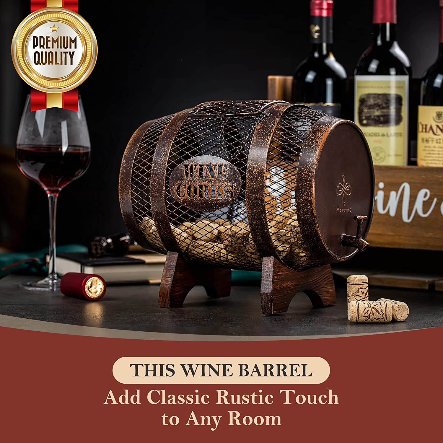 Rustic Metal Large Barrel Wine Cork Holder Display on Wooden Stand: Ideal for Wine Lovers, Housewarming Gifts, Home Bar Decor, Wine Gifts, Engagement Gifts, and Kitchen Decor.