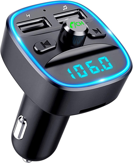 Bluetooth 5.0 FM Transmitter with Ambient Light, Dual USB Ports, Hands-Free Calling, and SD Card/USB U-Disk Support