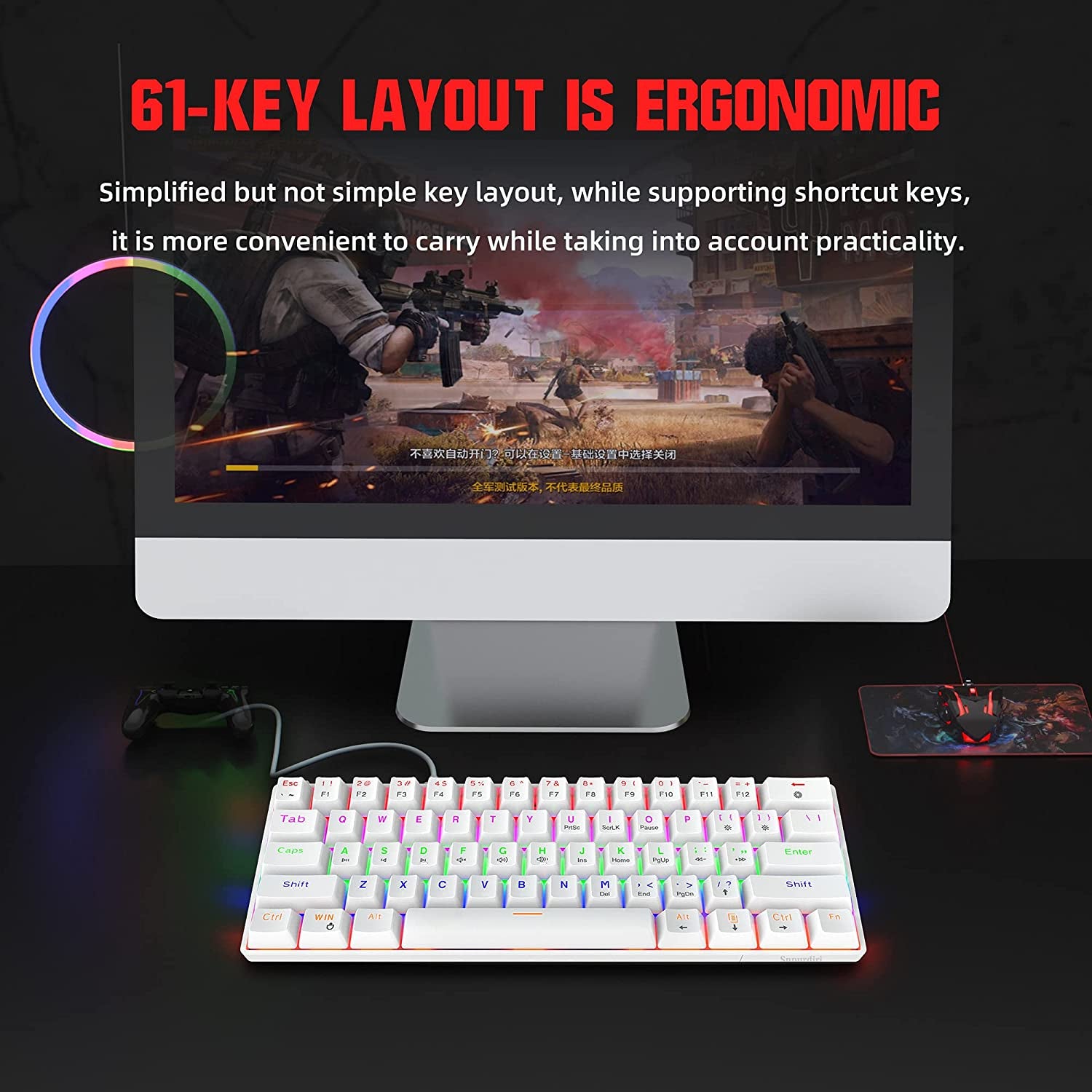 Ultra-Compact White Wired 60% Mechanical Gaming Keyboard - 61 Key Keyboard with Blue Switch, Anti-Ghosting, RGB Backlit, and Double Foot.