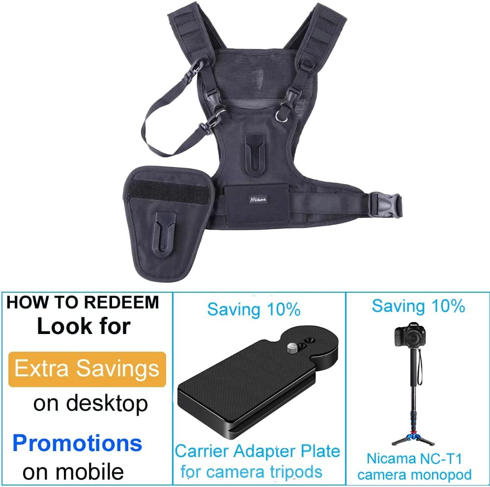 Multi-Camera Carrying Chest Harness Vest Strap System with Side Holster for DSLR Cameras (Canon, Nikon, Sony, Panasonic, Olympus)