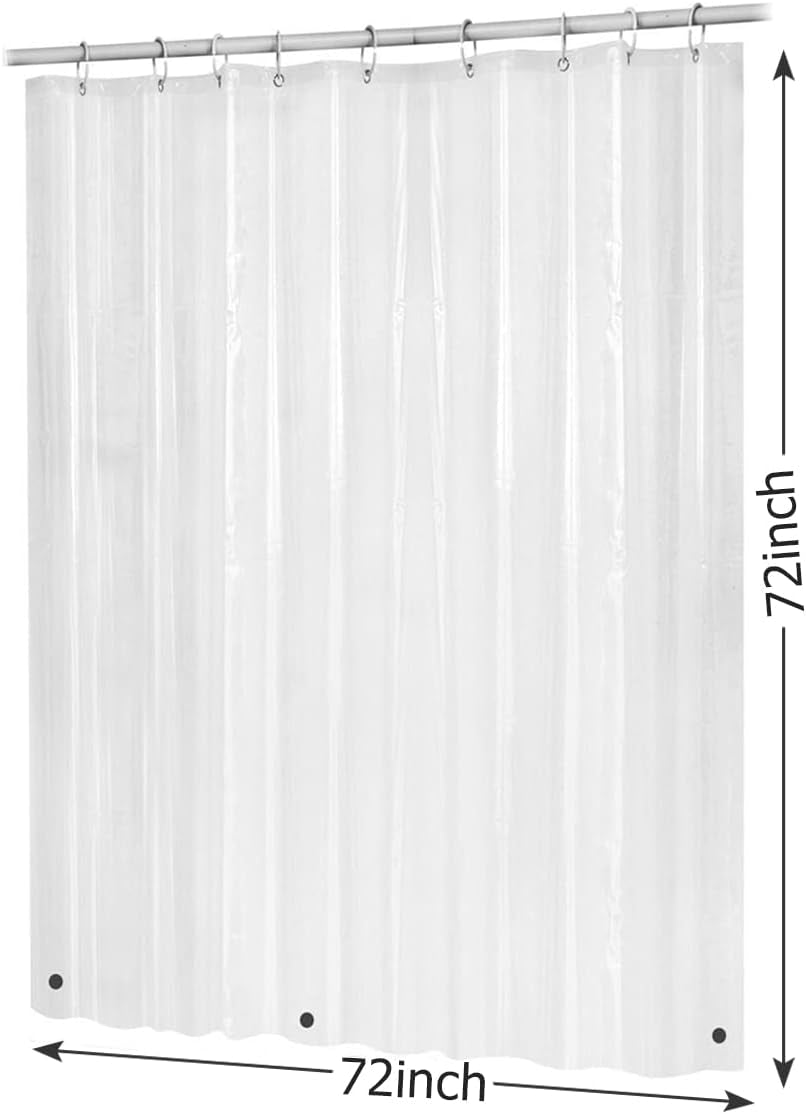 Heavy Duty Waterproof Clear Shower Curtain Liner - 72 x 72 Inches with Magnets, Rustproof Metal Grommets, and Plastic Shower Curtain Hooks