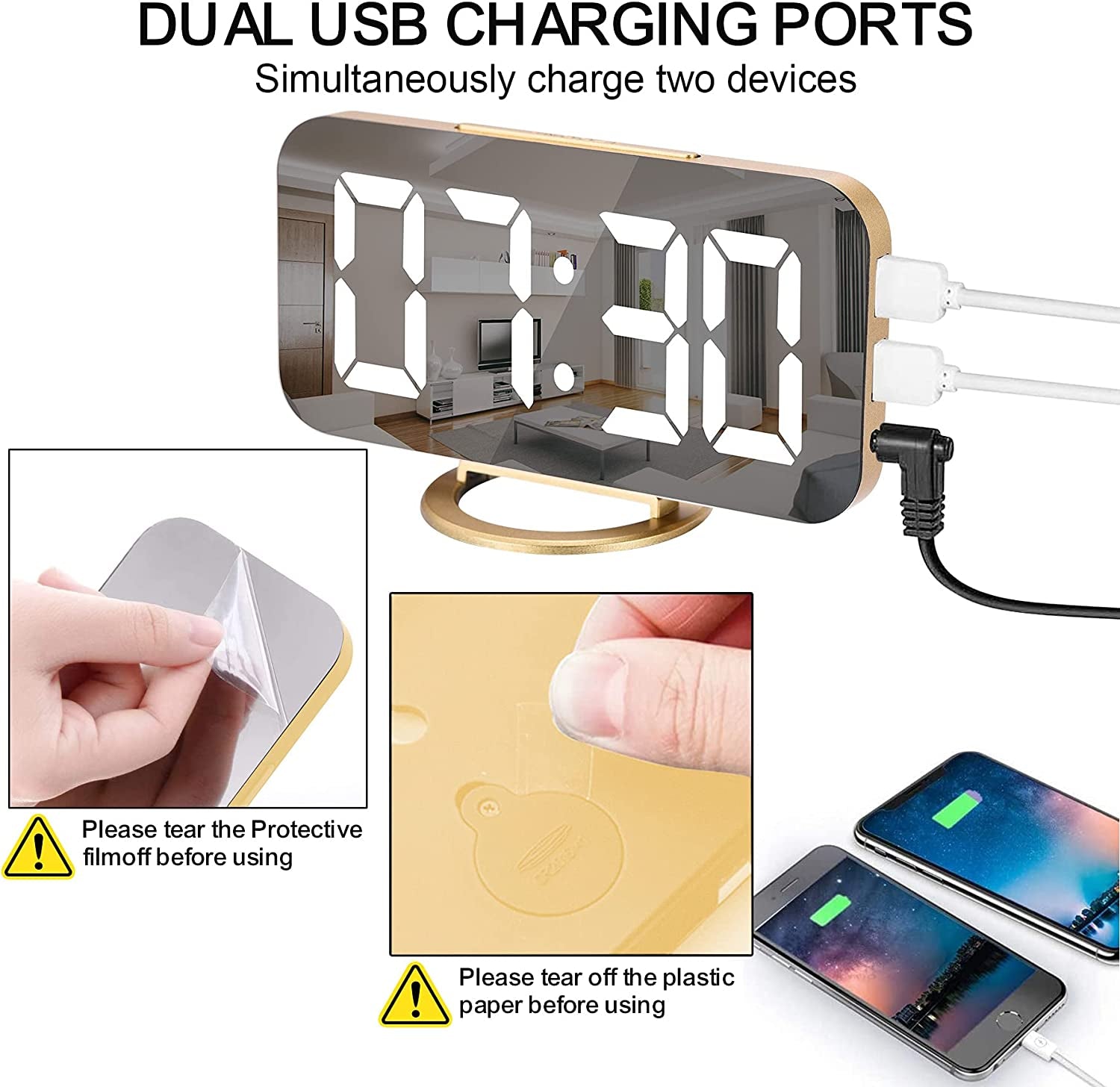 LED Digital Alarm Clock with Large Mirror Display, Dual USB Charger Ports, 3 Levels Brightness, 12/24H Format, Modern Electronic Clock for Bedroom, Home, Living Room, Office - Gold