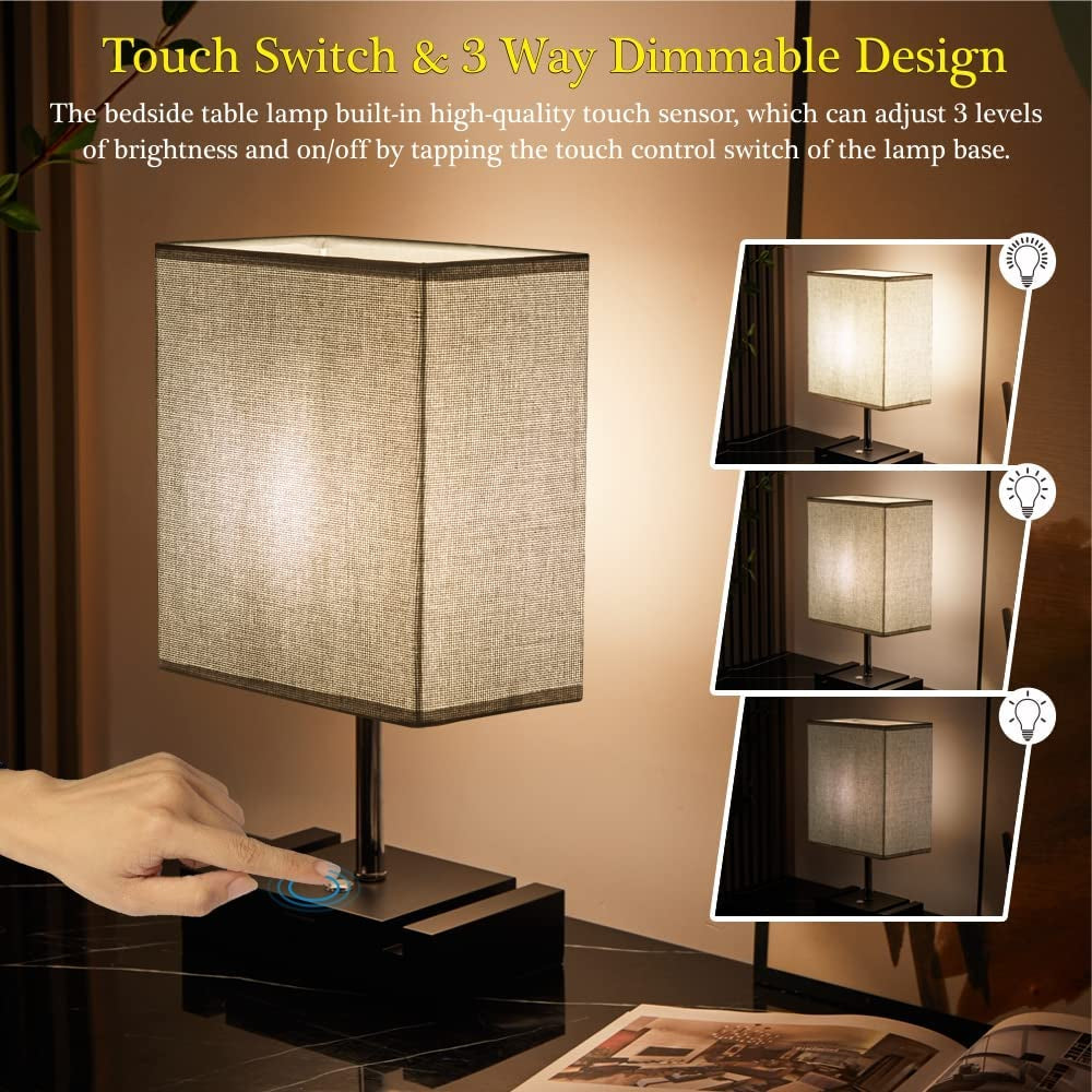 Set of 2 Modern Touch Control Table Lamps with LED Bulbs: 3-Way Dimmable Bedside Lamps featuring Built-in Dual USB Charging Ports and 2 Phone Stands, Perfect for Study, Bedroom, Living Room, or Office