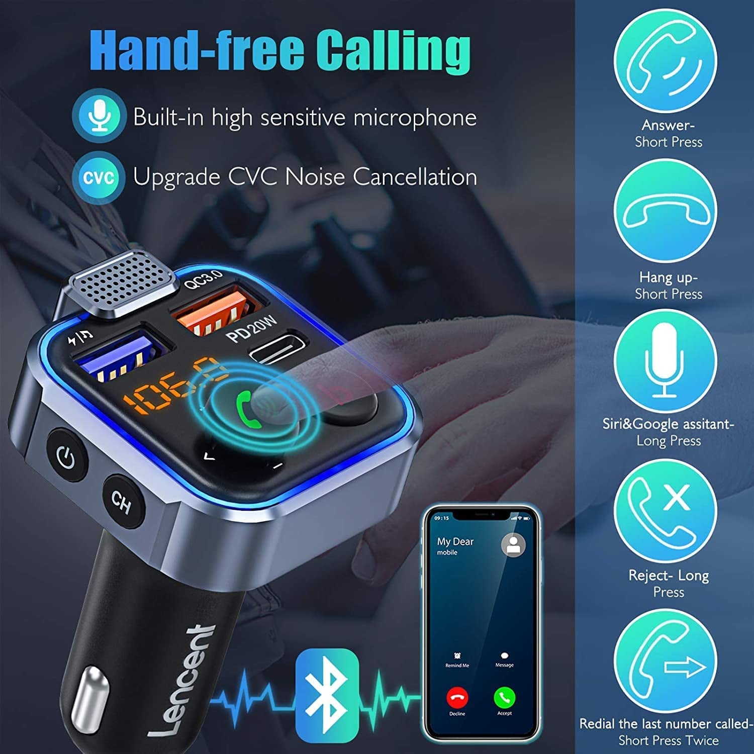 Car FM Transmitter with Wireless Bluetooth 5.0, PD3.0 Type C 20W+QC3.0 Car Fast Charger, Hands-Free Calling, Bass Lossless Hi-Fi Sound Support, and U Disk Compatibility