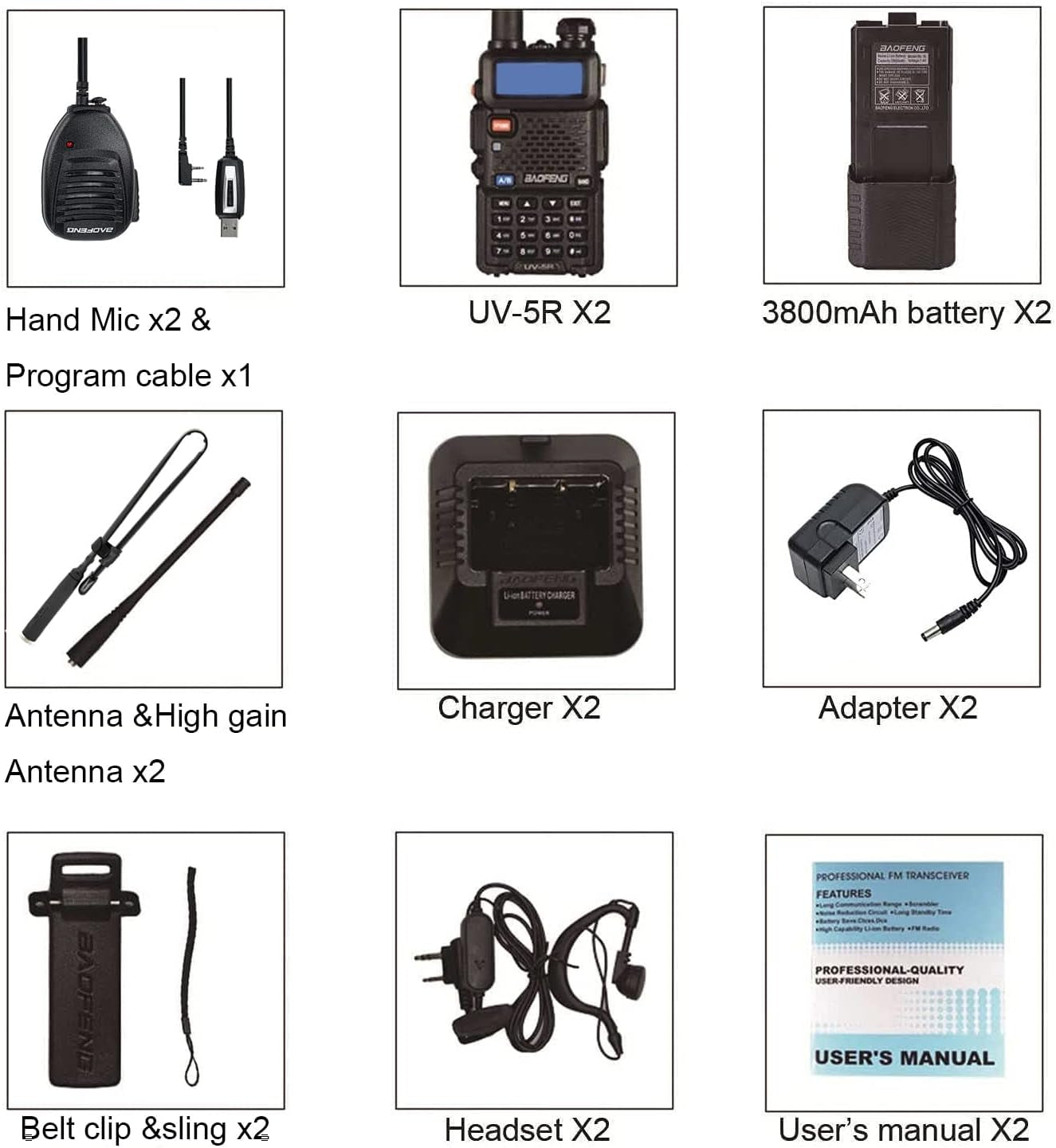 UV-5R Ham Radio Walkie Talkies - A Set of 2 Long Range Two-Way Radios equipped with a 3800mAh Li-ion Battery. Includes Tactical Antenna, Hand Mic, and One Cable.