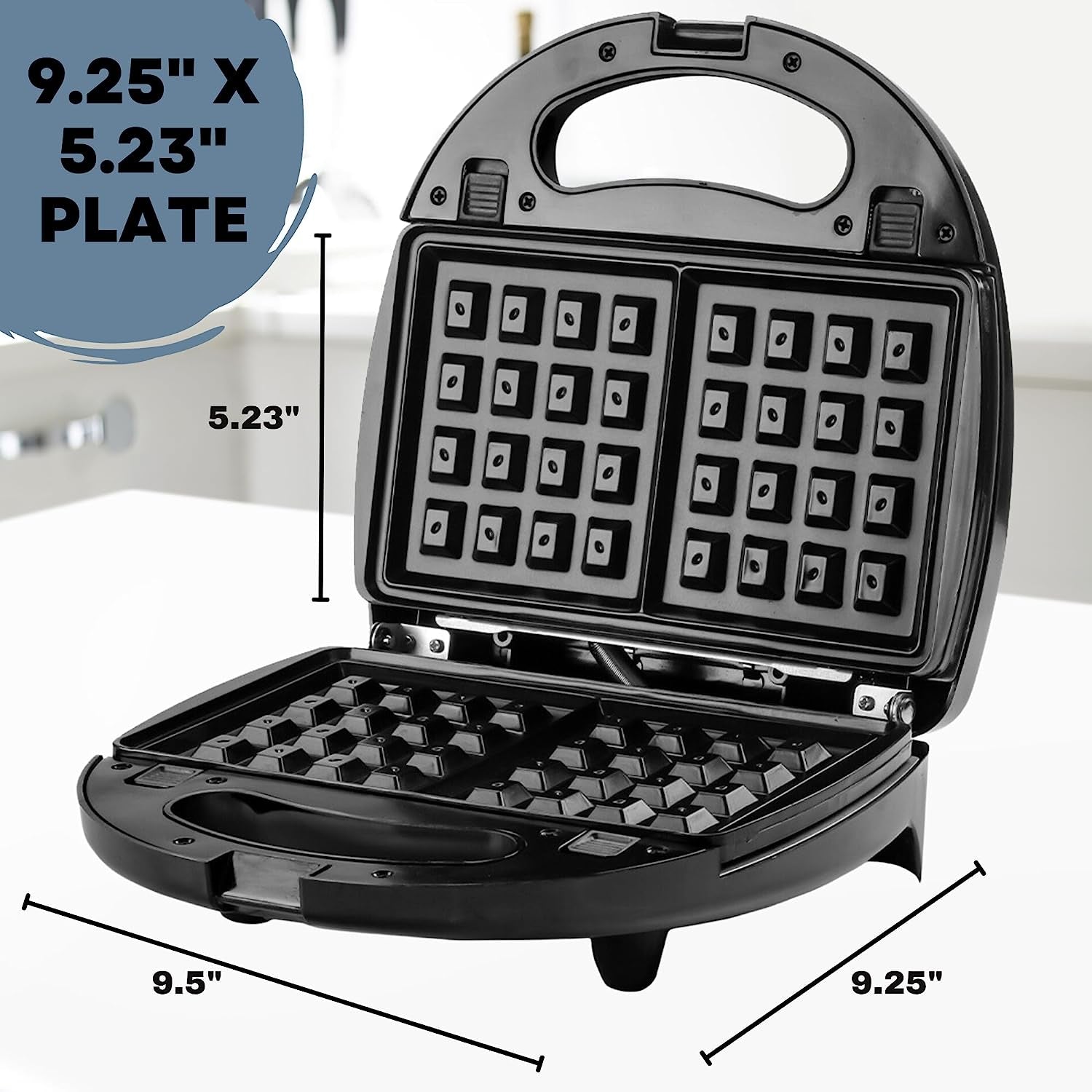 3-in-1 Electric Sandwich Maker: Features Detachable Non-Stick Waffle and Grill Plates. Operates at 750-Watts and includes LED Indicator Lights, Cool Touch Handle, and Anti-Skid Feet for safety and convenience.