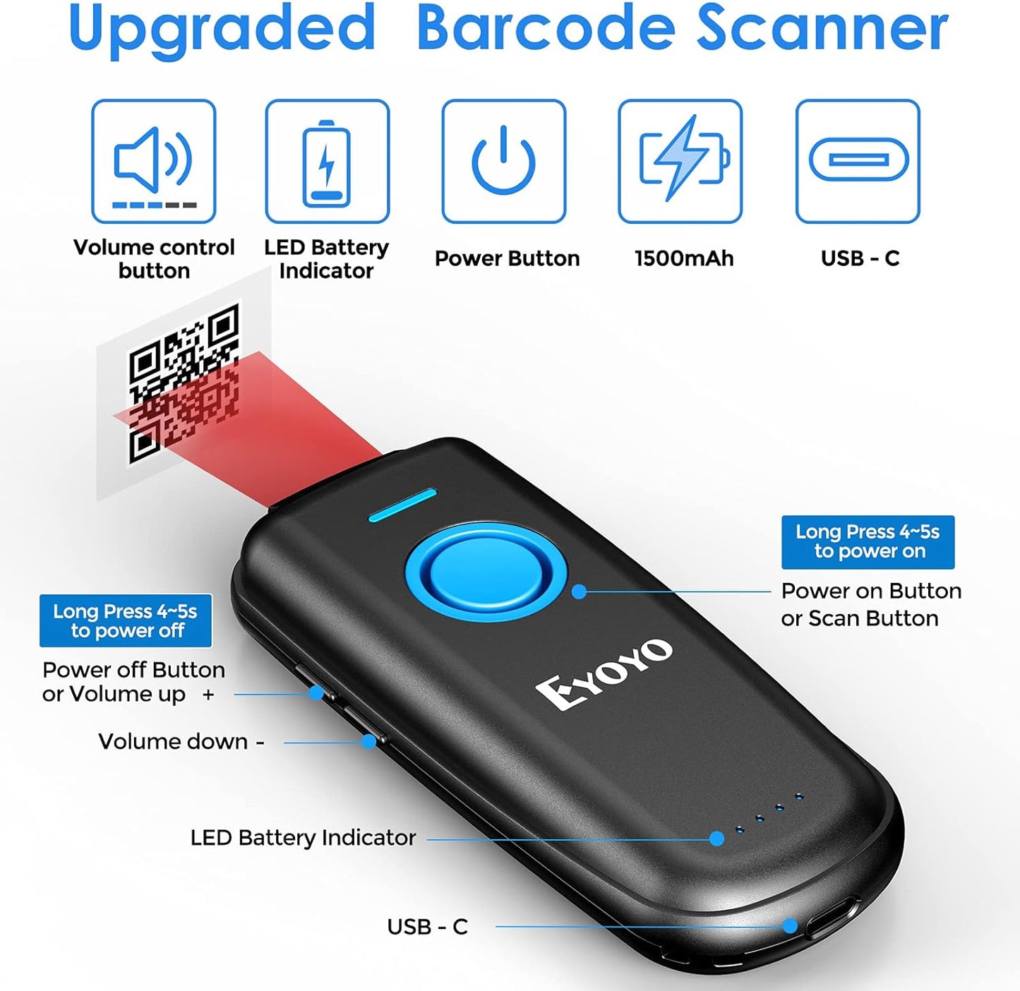 Bluetooth QR Code Scanner with Volume Adjust Button, Physical Power Switch, and 2D Bar Code Scanning Capability for Inventory Management, Compatible with Tablet, iPhone, iPad, Android, iOS, PC, and POS Systems