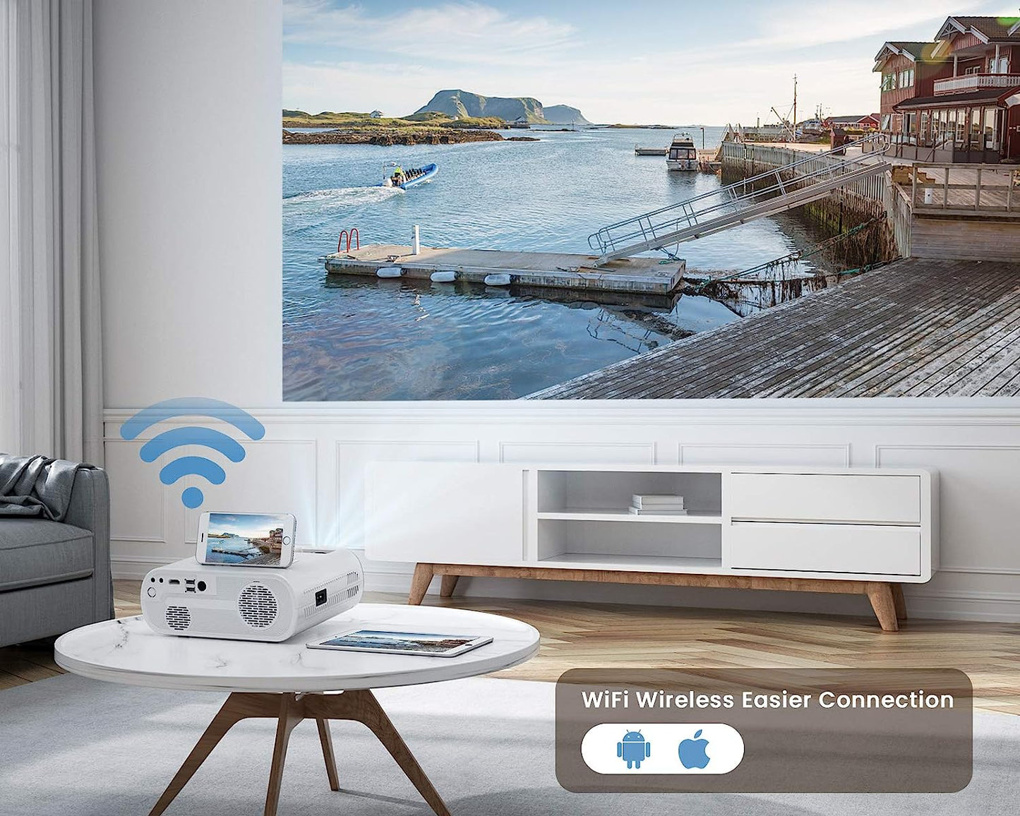 K5 Mini WiFi Bluetooth Projector - Full HD Support for 1080P, 75% Zoom, and 200" Screen. Compatible with Smartphone (Wirelessly), PC, Bluetooth Speakers, TV Stick, PS4, and PS5.