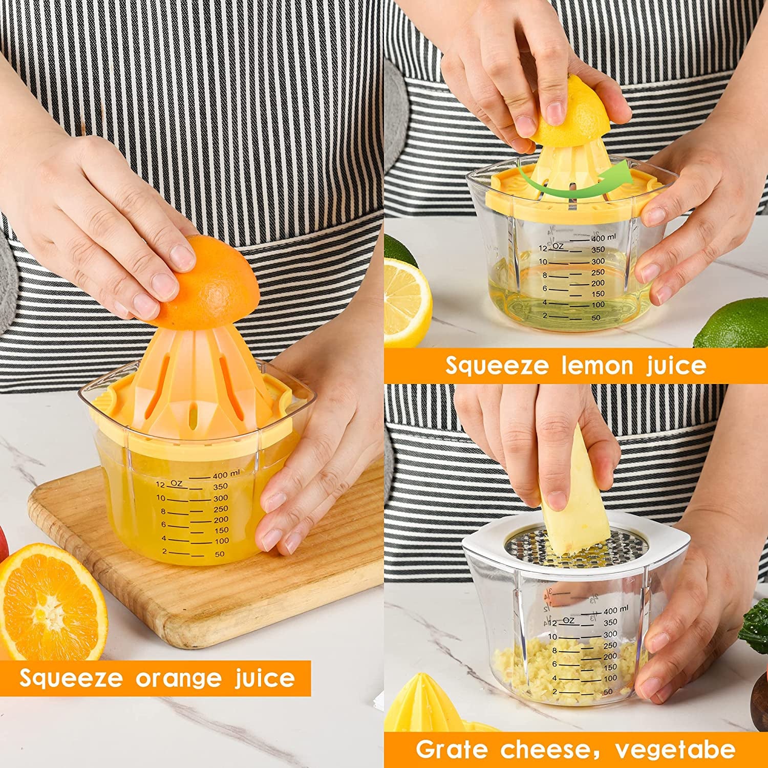 Manual 5-in-1 Lemon Squeezer Citrus Juicer - Hand Juicer for Citrus Fruits like Lemon, Orange, and Lime - Features a Built-in Measuring Cup, Grater, and Strainer, with Included Juicer Cup