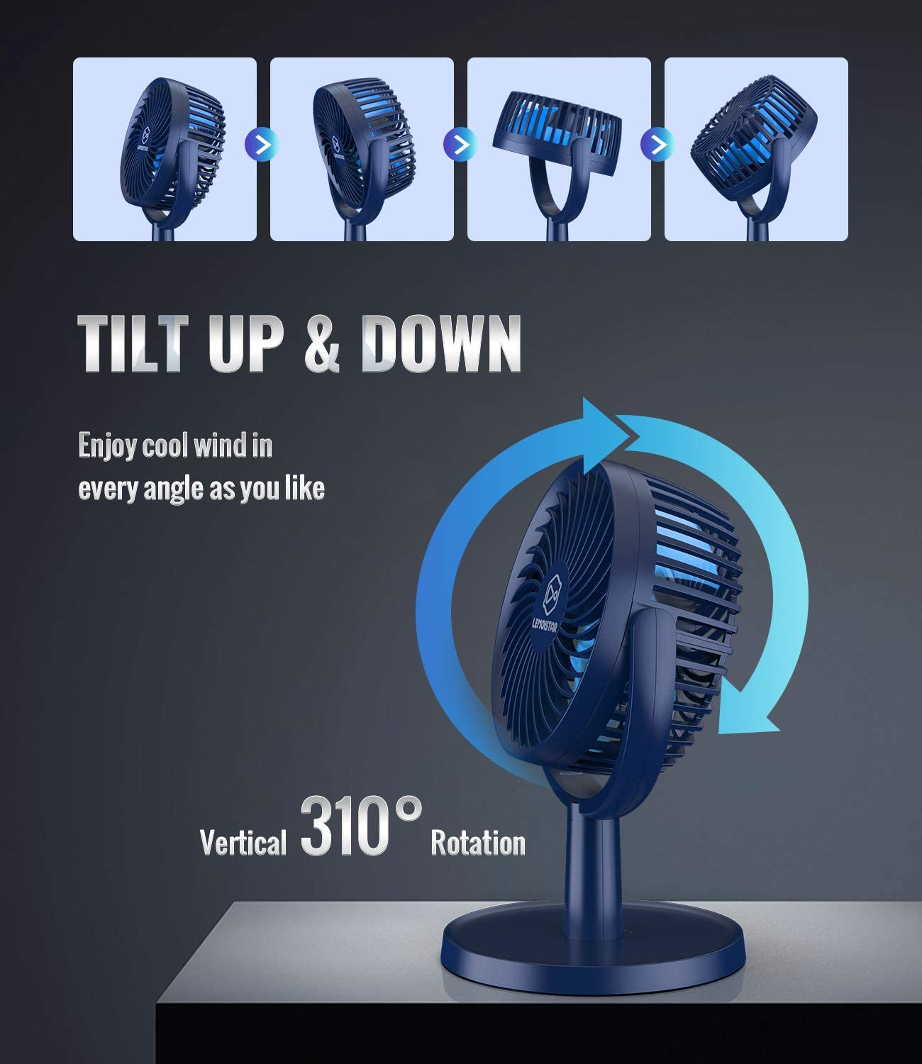 USB Powered Portable Desk Fan: Offers 4 Speeds with Strong Airflow and 310° Rotation. Designed for Quiet Operation, Perfect for Desktops, Home, Office, Bedroom, and Car Use. Available in Light Blue.