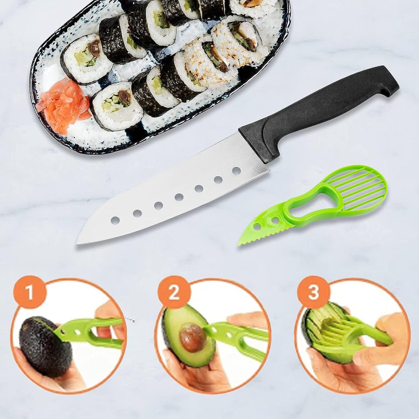 Complete Sushi Making Kit: Includes Bamboo Mat, Sushi Rolling Mat, Paddle, Spreader, Sushi Knife, Chopsticks Holder, Cotton Bag, and Avocado Slicer - Ideal for Beginners