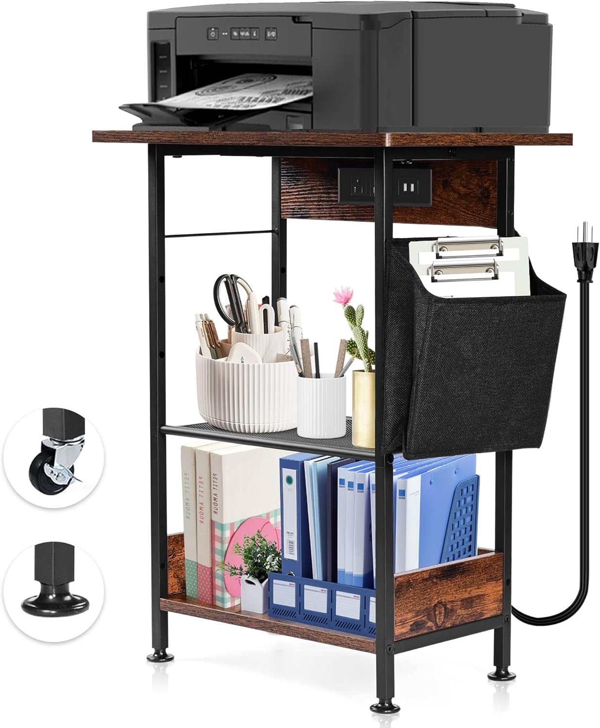 Rustic Brown 3-Tier Printer Stand with Charging Station, Height Adjustable Storage Cart with Wheels for Home Office, Kitchen, and More