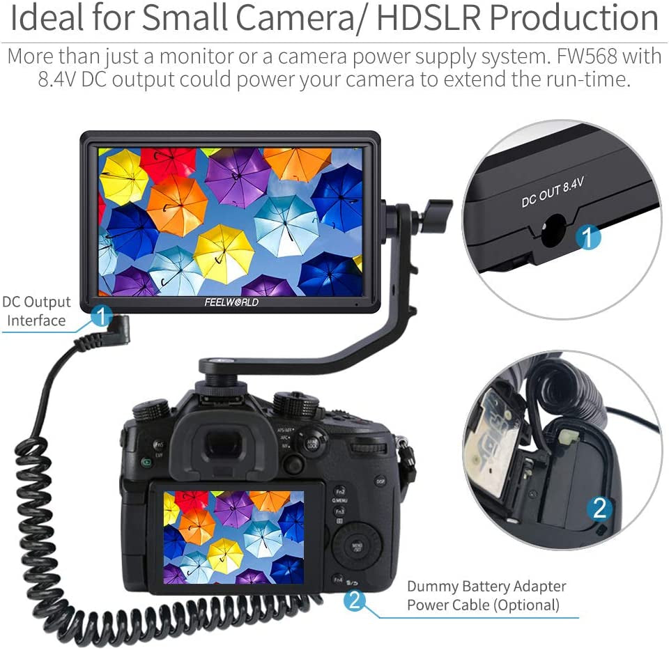 6-Inch DSLR Camera Field Monitor FW568 V3 with Waveform, LUTs, Video Peaking, and Focus Assist - Full HD IPS Display (1920x1080), 4K HDMI Input/Output, 8.4V DC Power Support, Includes Tilt Arm