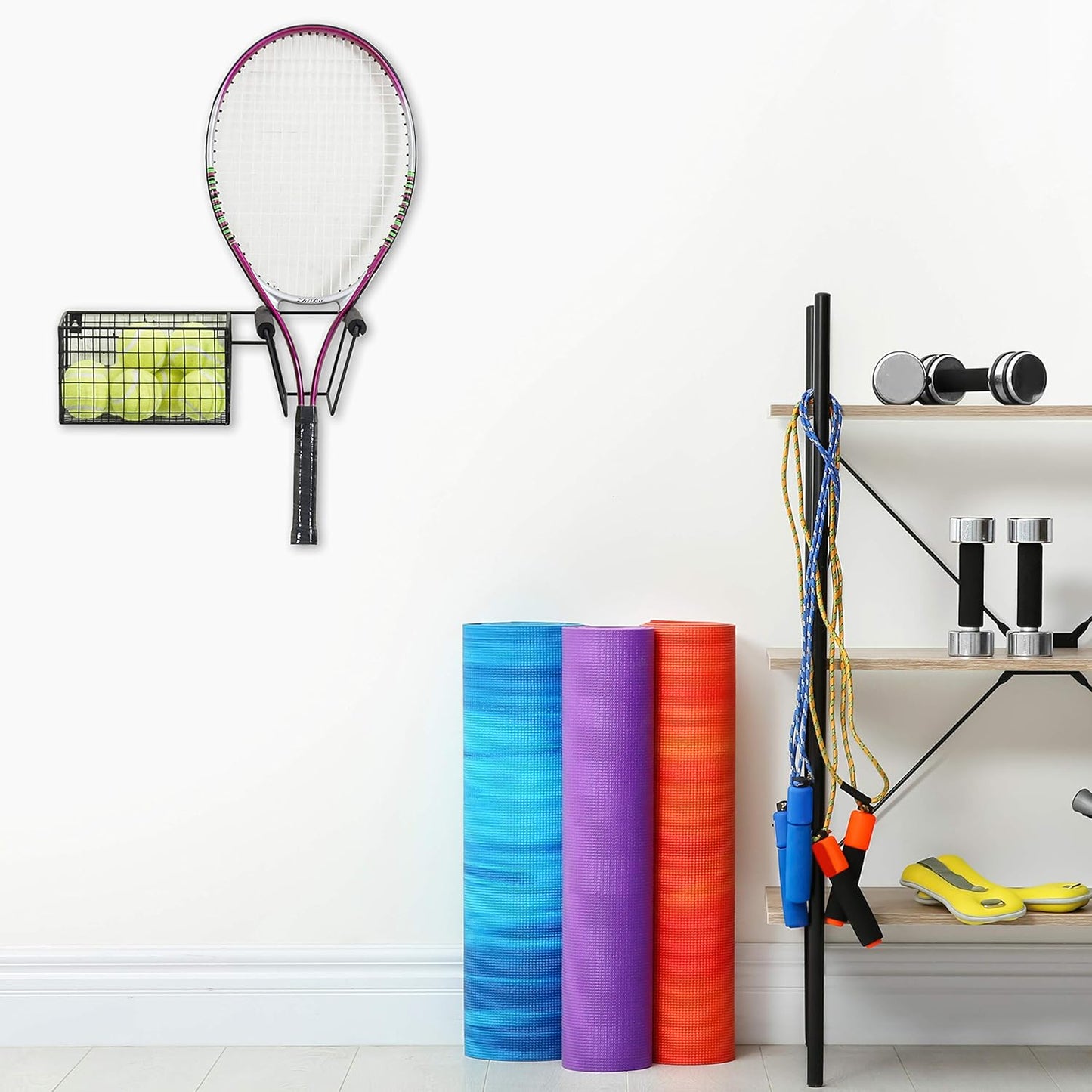Wall-Mounted Metal Tennis Racket Holder with Integrated Ball Storage Basket 