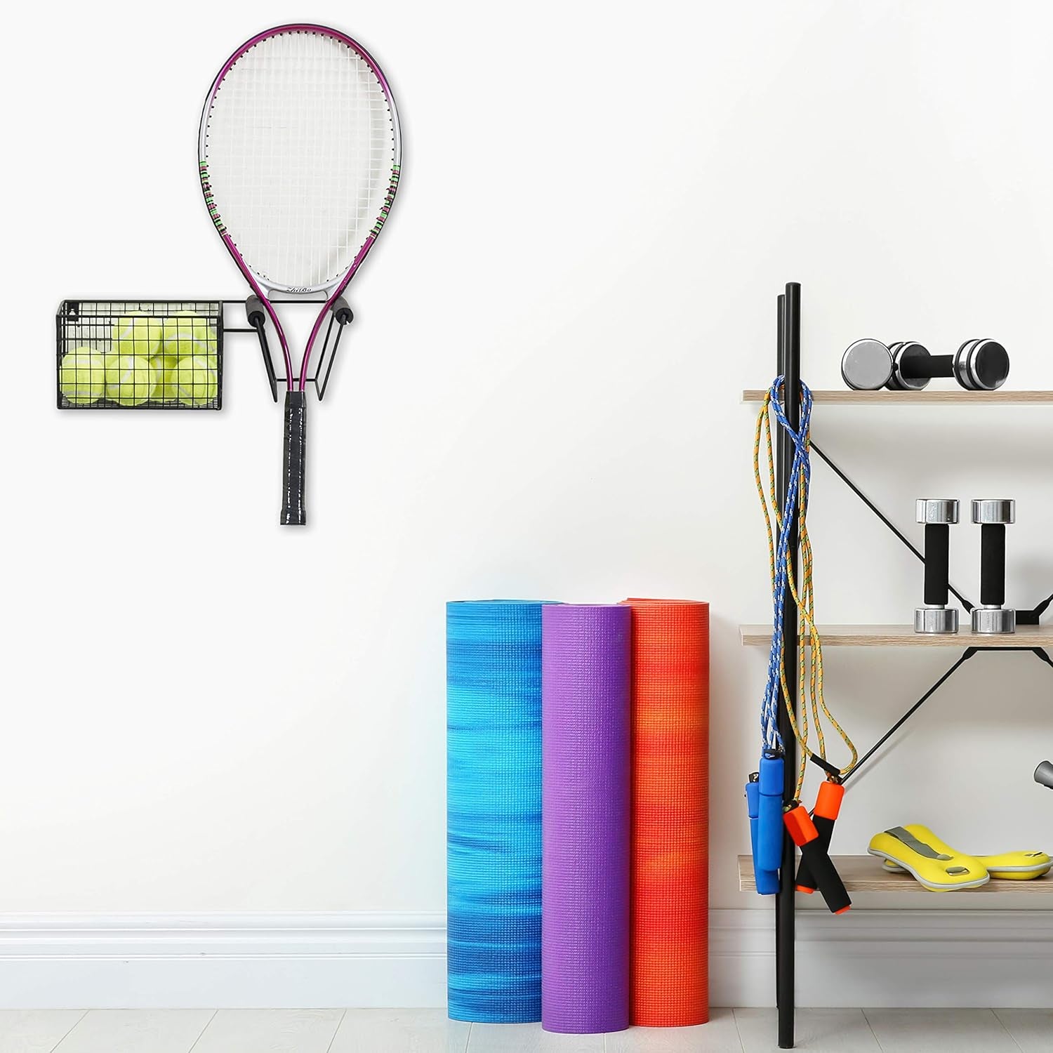 Wall-Mounted Metal Tennis Racket Holder with Integrated Ball Storage Basket 