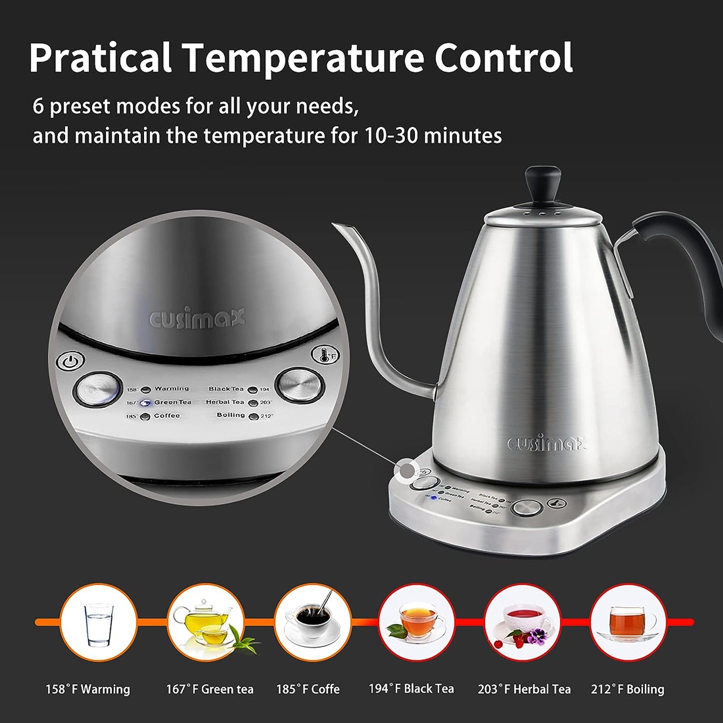 1000W Electric Gooseneck Kettle - A 1L Variable Kettle with 6 Temperature Settings designed for Pour Over Drip Coffee and Tea. It's made from Stainless Steel and features Auto Keep Warming and Boil-Dry Protection for added safety.