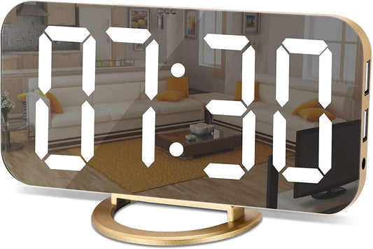 LED Digital Alarm Clock with Large Mirror Display, Dual USB Charger Ports, 3 Levels Brightness, 12/24H Format, Modern Electronic Clock for Bedroom, Home, Living Room, Office - Gold