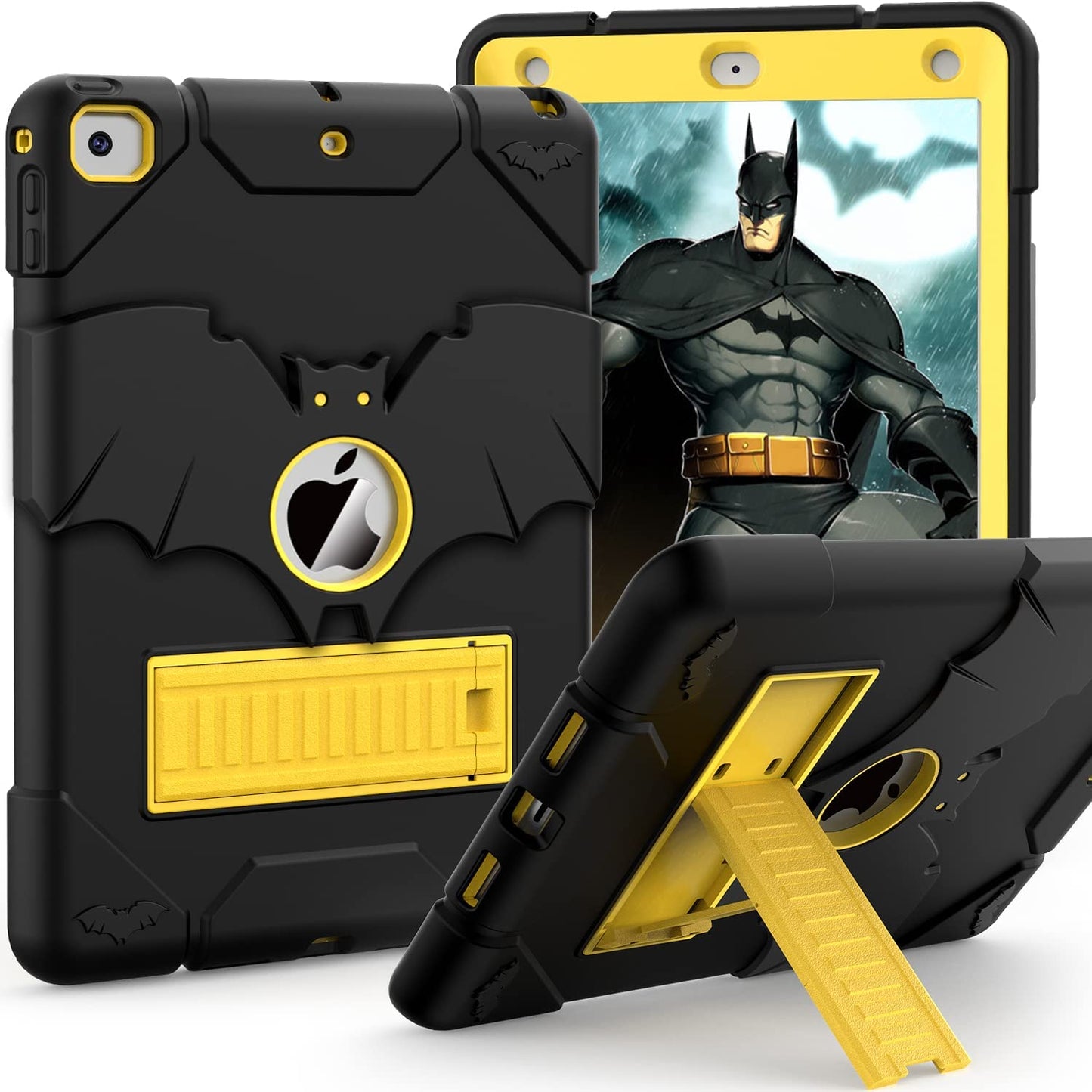 Rugged Protective Case for iPad 6th/5th Generation (2018/2017), iPad Air 2 (2014), and iPad 9.7'' - Heavy-Duty Shockproof Cover with Kickstand, Designed for Durability and Protection for Kids, Boys, and Girls; Stylish Black and Gold Design