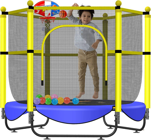 60" Indoor & Outdoor Trampoline for Kids - Small Trampolines with Basketball Hoop and Safety Enclosure - Ideal Birthday Gifts for Kids Ages 1-8 - Suitable for Boys and Girls