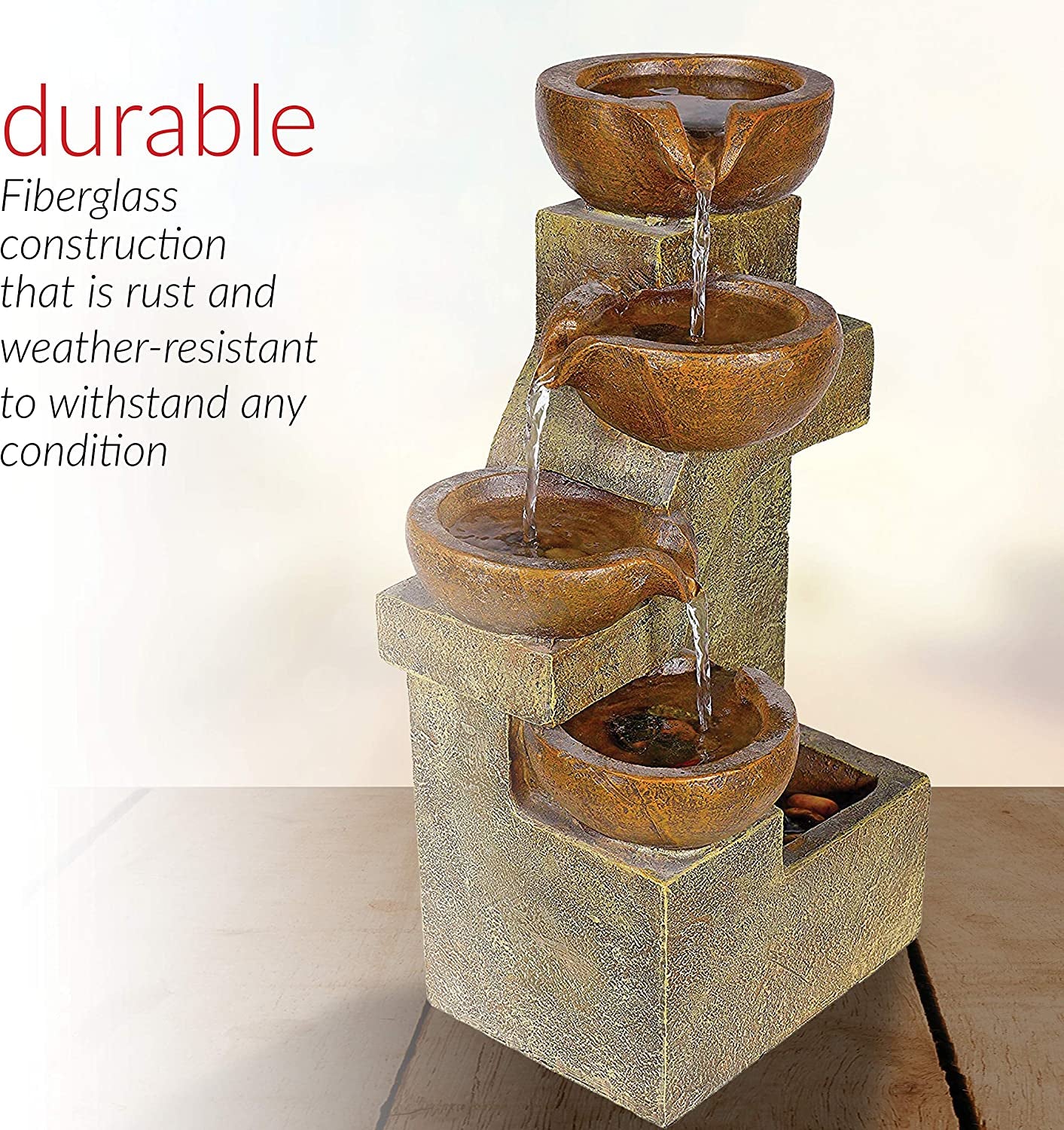  Tiering Pots Fountain, 9" Length x 7" Width x 16" Height, Brown