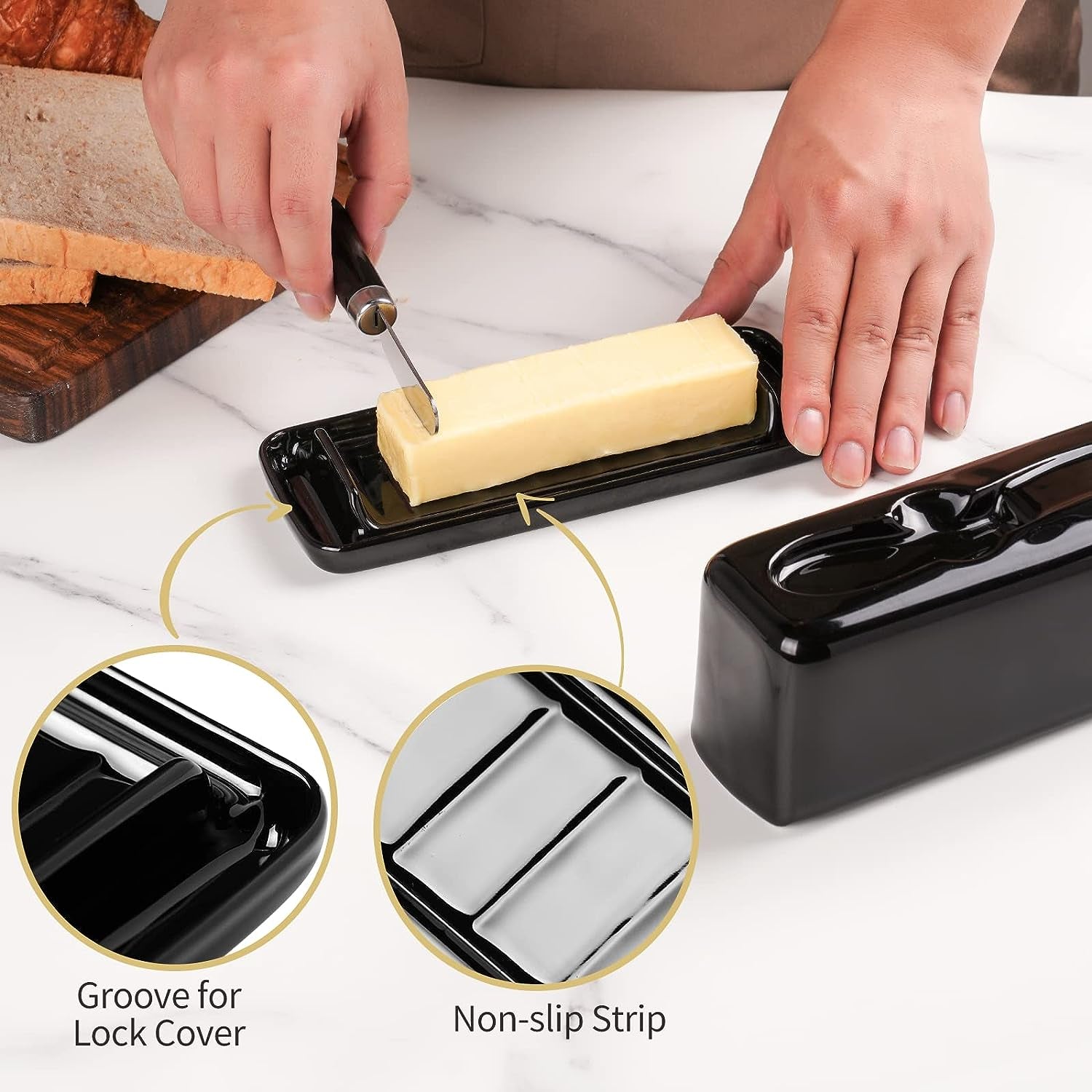 Black Porcelain Butter Dish with Lid and Knife - Includes Serving Tray with Anti-Slip Strip. This Butter Keeper is Ideal for Kitchen Decor and Fits East/West Coast Butter. It's Dishwasher Safe for Easy Cleaning.