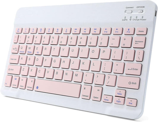 Portable Rechargeable Bluetooth Keyboard - Ultra-Slim Wireless Keyboard for Android, Windows, iOS Devices - Compatible with Samsung Galaxy Tab, iPhone, iPad - Pink