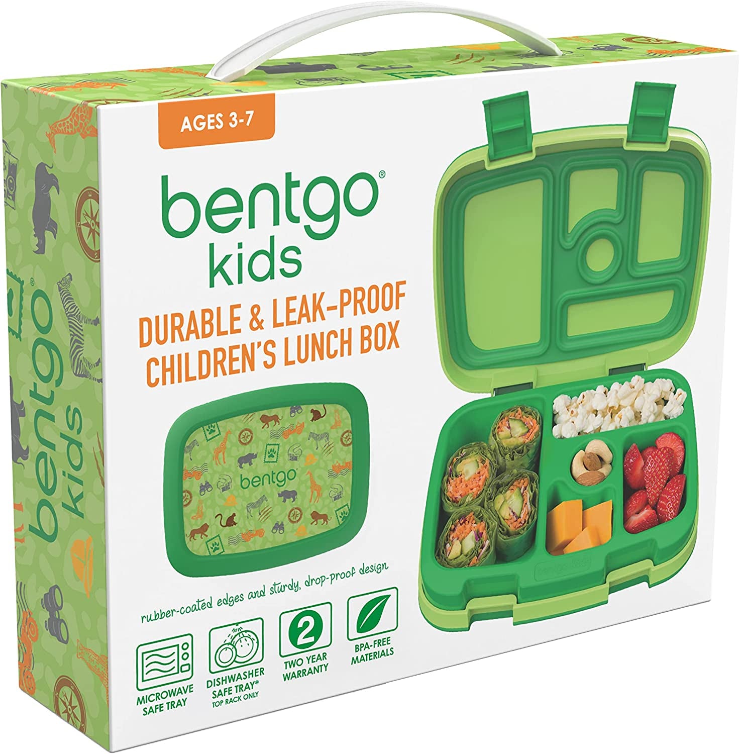  Kids Prints Leak-Proof Bento-Style Kids Lunch Box - Optimal Portion Sizes for Ages 3 to 7 - BPA-Free, Dishwasher Safe, Food-Safe Materials (Safari)