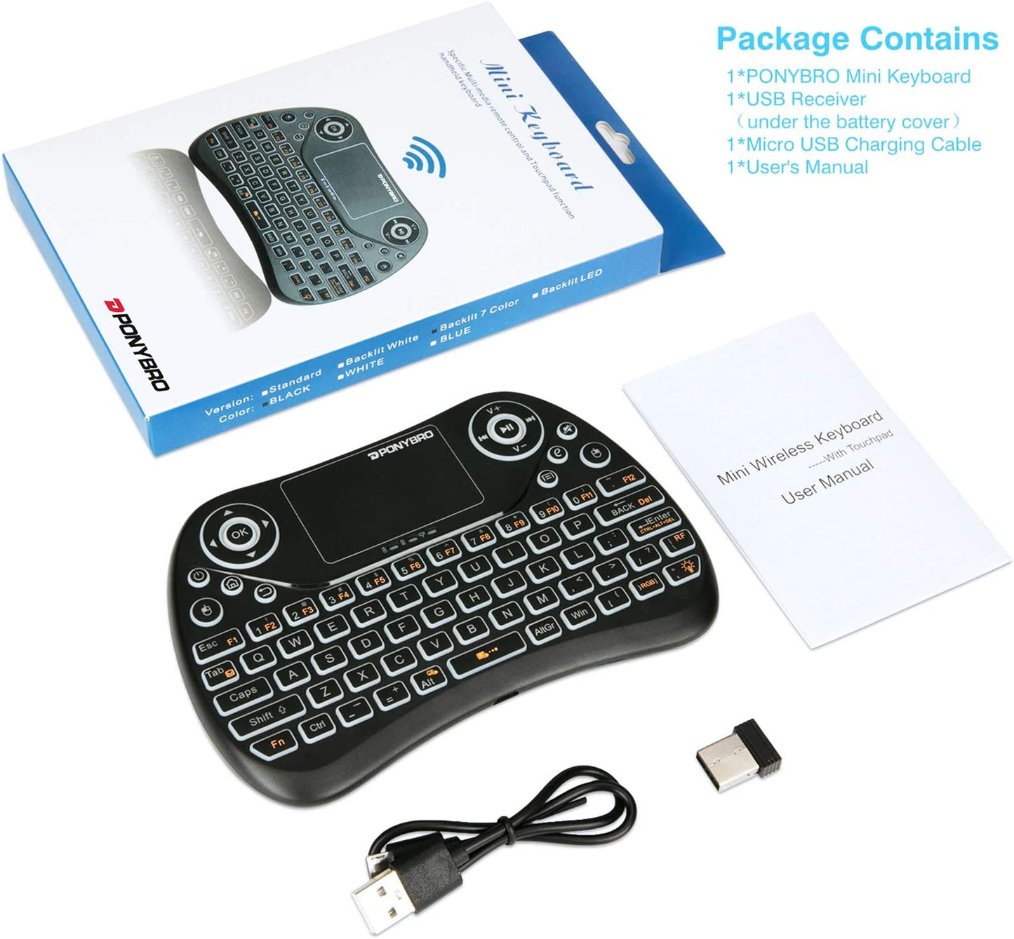 Backlit Mini Wireless Keyboard with Touchpad Mouse Combo. QWERTY Keypad, Rechargeable Handheld Keyboard Remote for Smart TV, Android TV Box, Xbox, Raspberry Pi, PC.