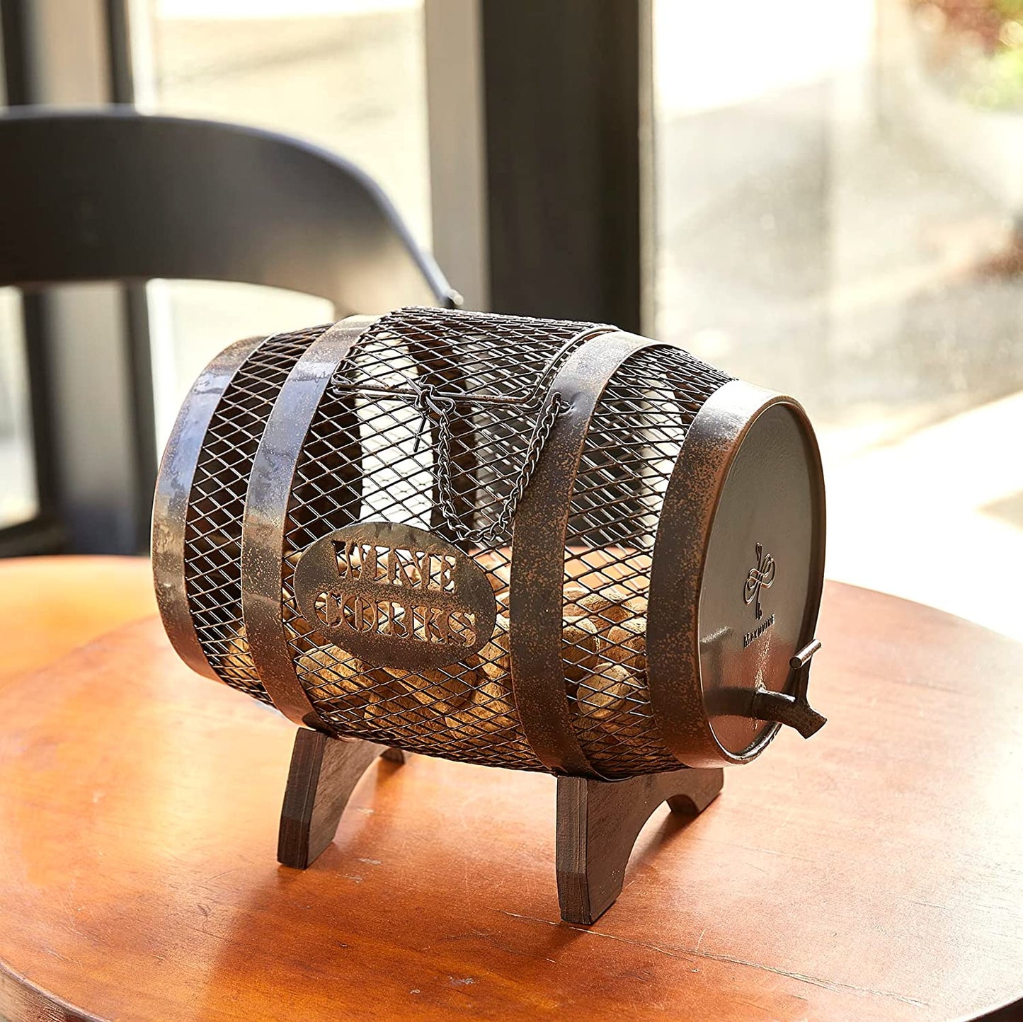 Rustic Metal Large Barrel Wine Cork Holder Display on Wooden Stand: Ideal for Wine Lovers, Housewarming Gifts, Home Bar Decor, Wine Gifts, Engagement Gifts, and Kitchen Decor.