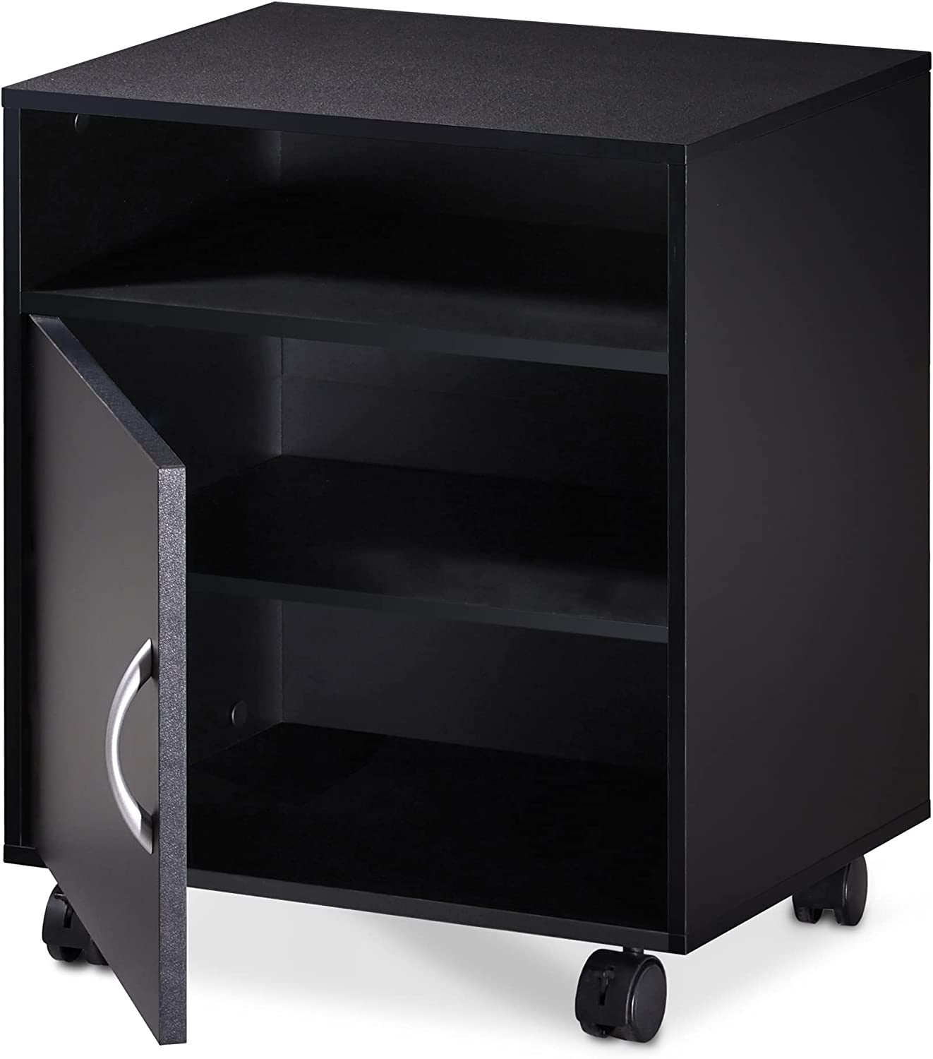 Black Wood Rolling File Cabinet: Printer Stand with Adjustable Storage, Mobile Work Cart on Wheels for Home Office