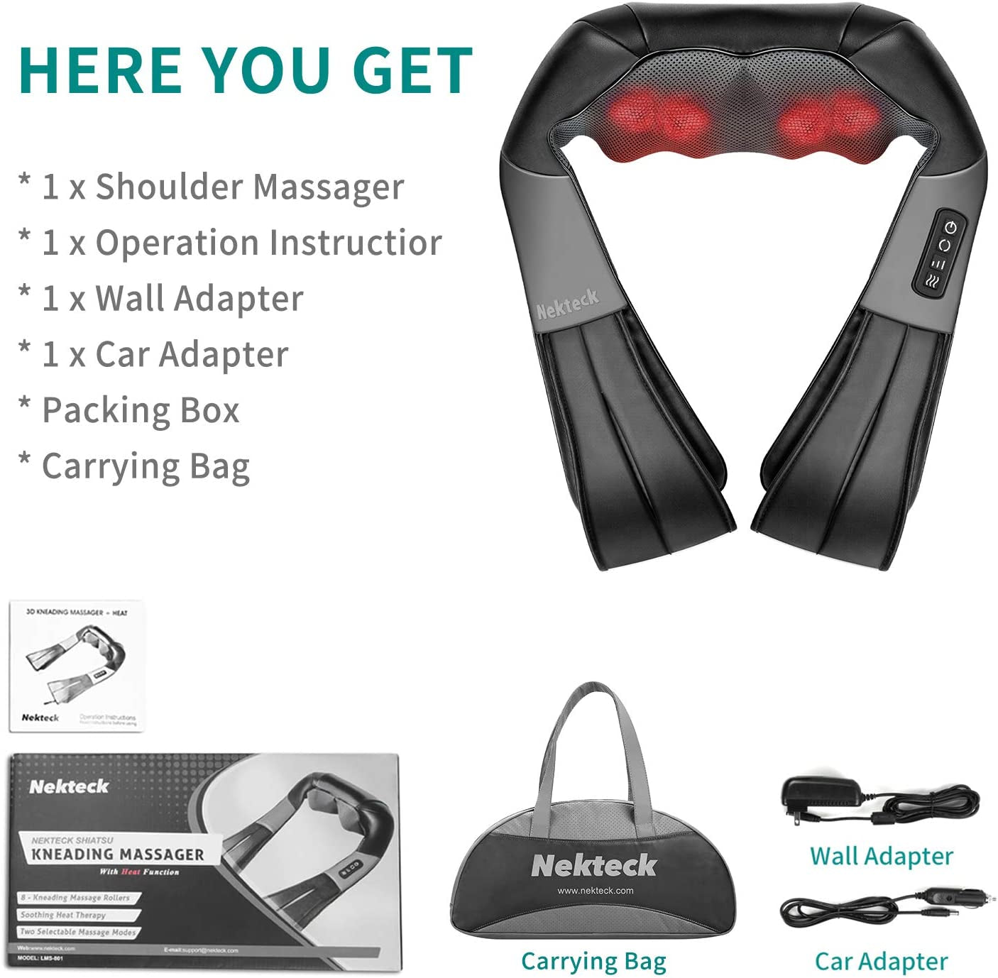 Shiatsu Neck and Back Massager with Soothing Heat - Electric Deep Tissue 3D Kneading Massage Pillow for Shoulder, Leg, and Body Muscle Pain Relief - Suitable for Home, Office, and Car Use (Black)