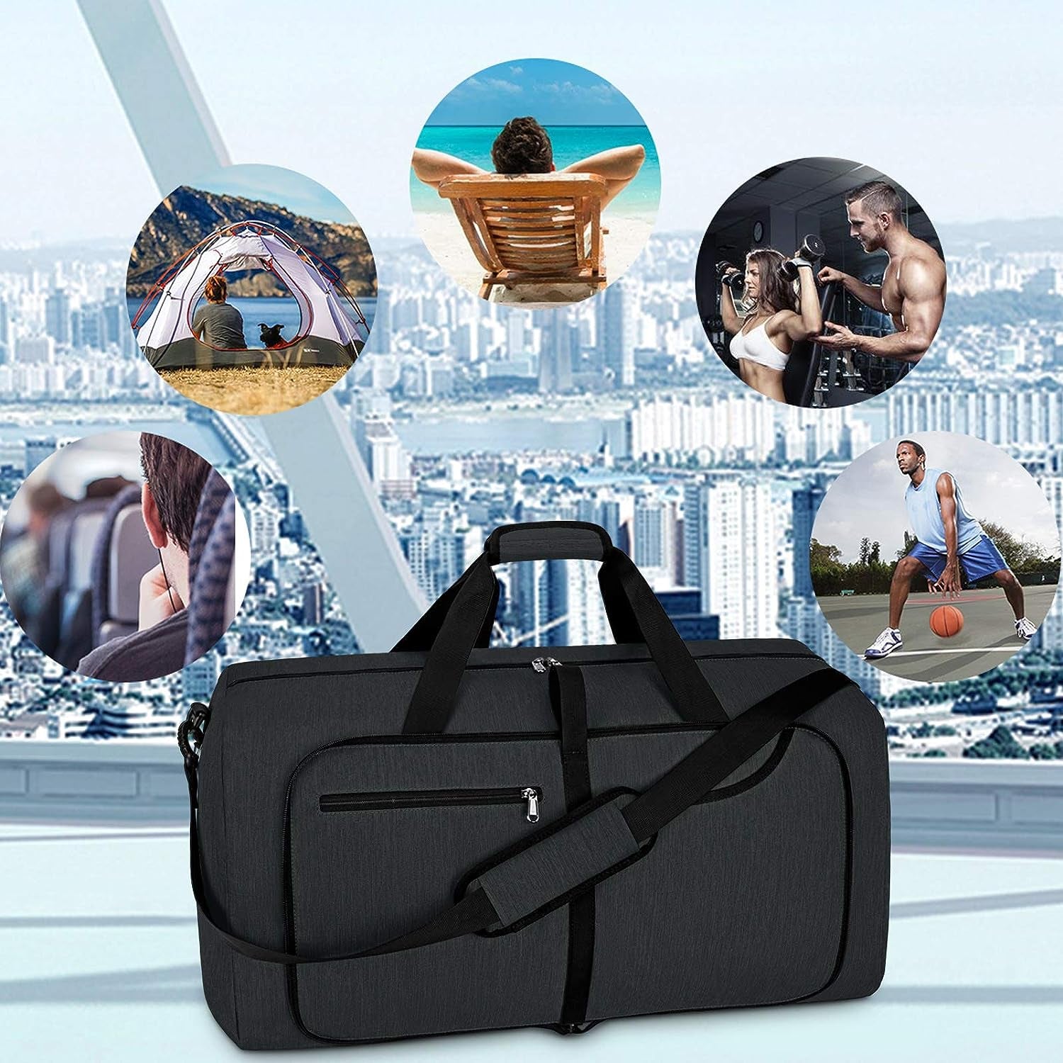 65L Foldable Waterproof Travel Duffle Bag - Ideal Sport Gym Bag - Spacious Weekender Duffel Bag for Men and Women - Lightweight Overnight Bag with Shoe Compartment - Sleek Black Design.