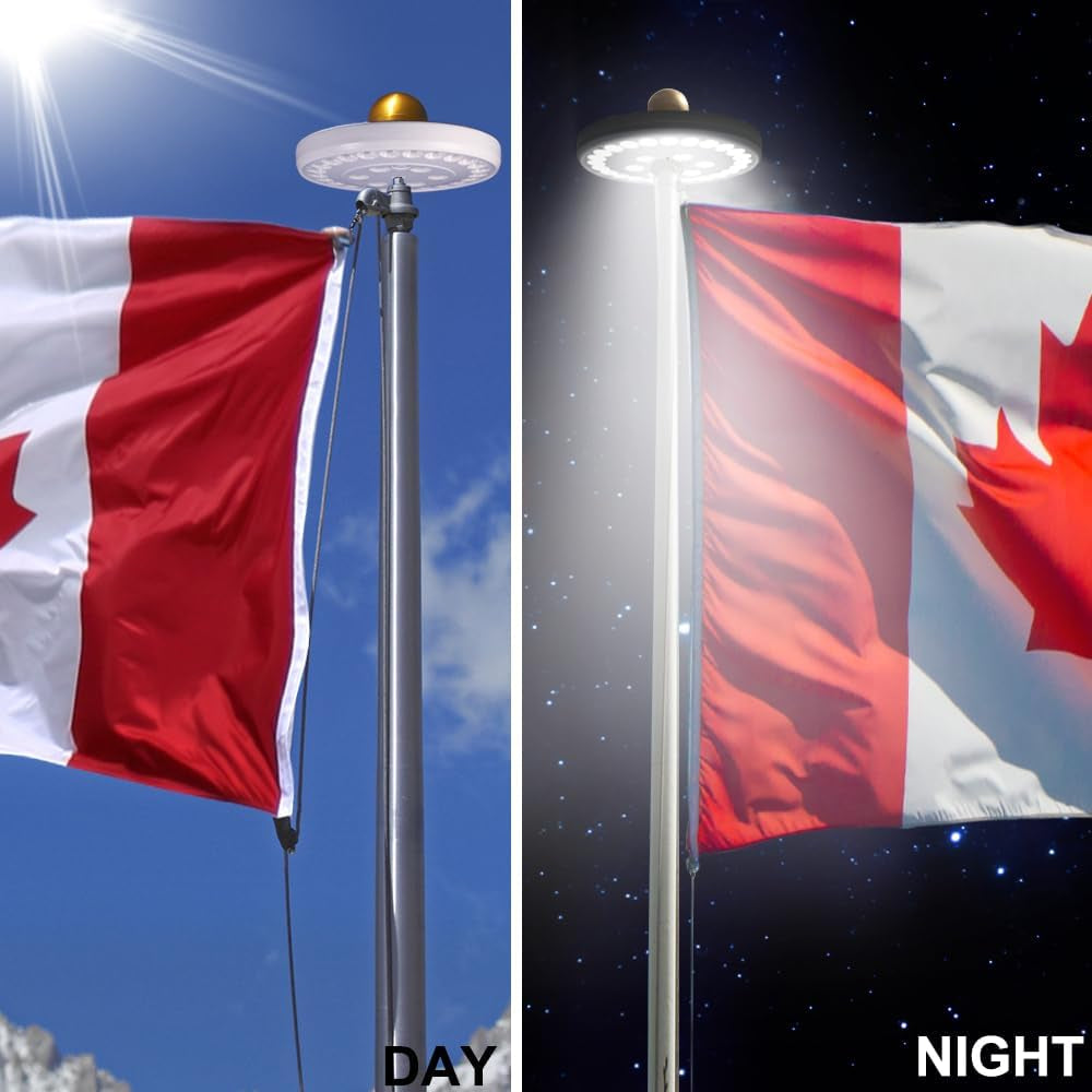 Solar Flag Pole Light - Waterproof Outdoor Spotlight with 30 LED Lights, Dusk to Dawn Auto ON/OFF, 11 Solar Panels, Suitable for Flagpoles with 0.55in Center Hole