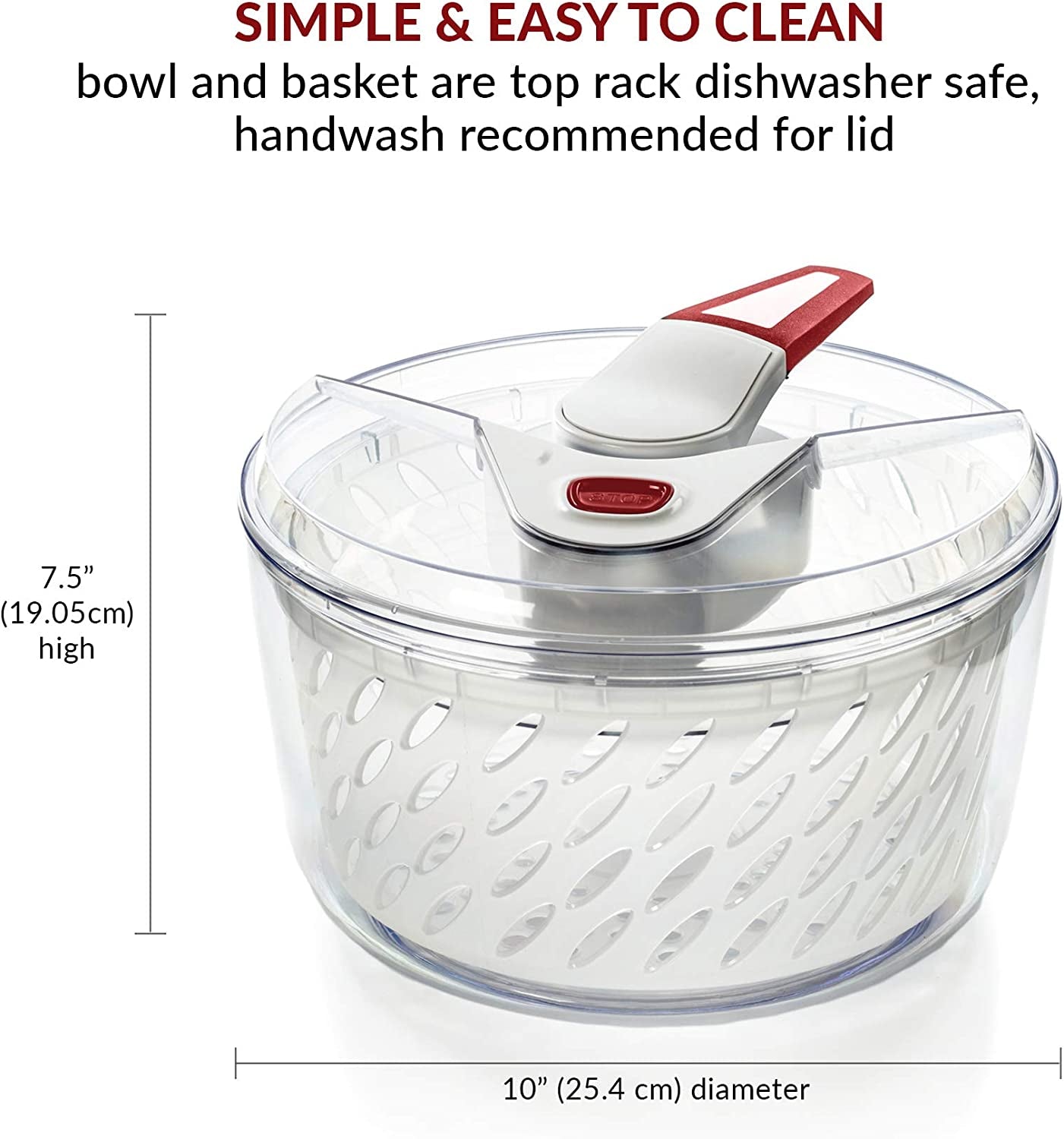 Effortless Large Salad Spinner with Serving Bowl and Lid: Perfect for Spinning Lettuce, Washing and Drying Fruits and Vegetables - Easy-to-Clean Kitchen Essential in Red and White