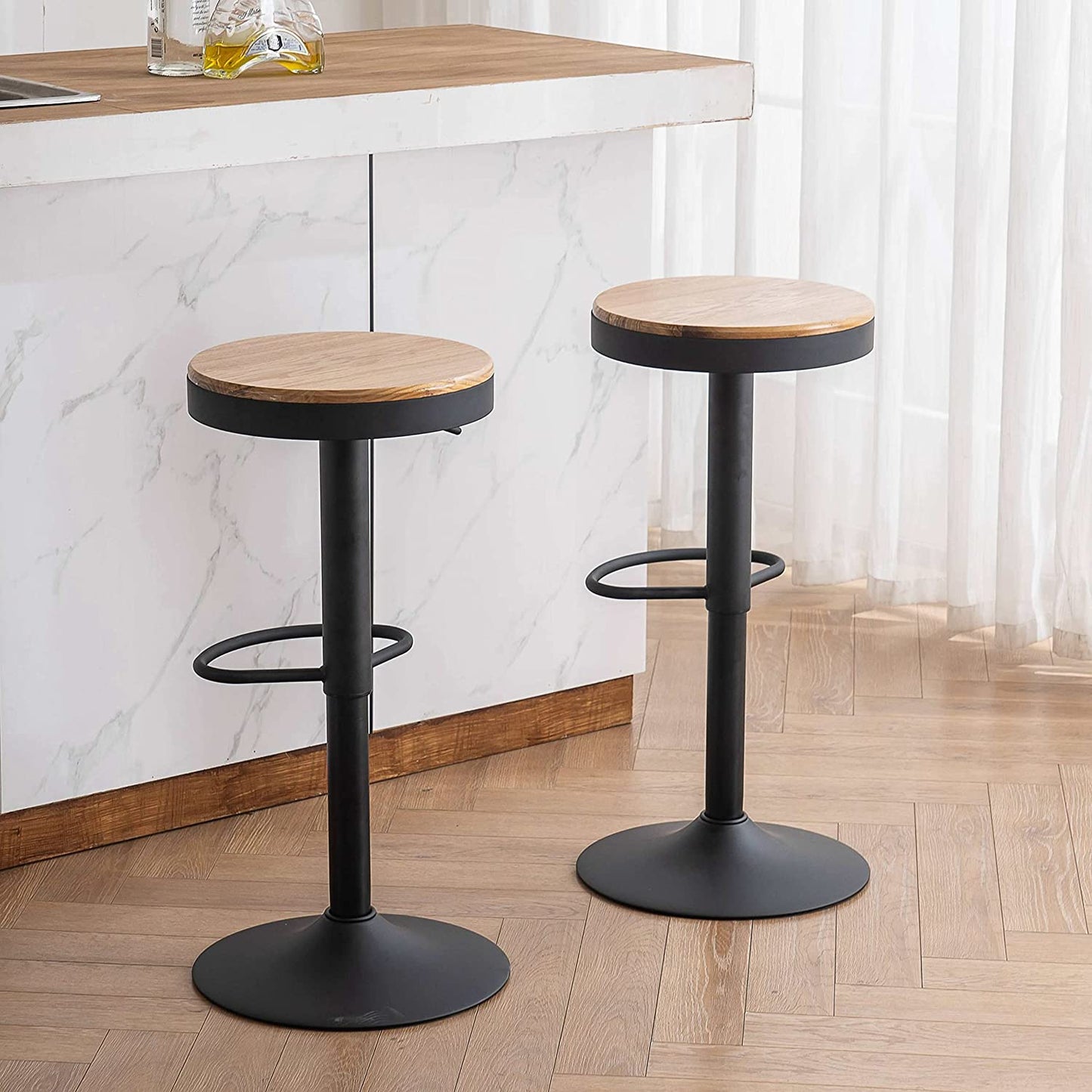 Set of 2 Rustic Wood Black Bar Stools - Adjustable Metal Swivel Bar Chairs with High Top Design, Perfect for Home Kitchen Island or Breakfast Counter Height Seating.