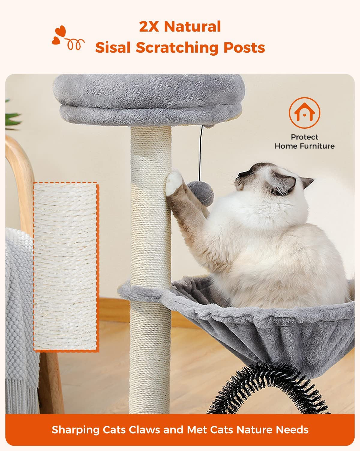 28" Small Cat Tree with Plush Hammock, Scratching Post, Top Perch, Cat Brush, and Dangling Ball - Ideal for Indoor Kittens - Grey